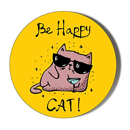 Cartoon Cat Handheld Mirror - 58mm Cute Cat with Sunglasses & 'Be Happy' Design - Perfect for Makeup, Gifts, and Travel Accessories