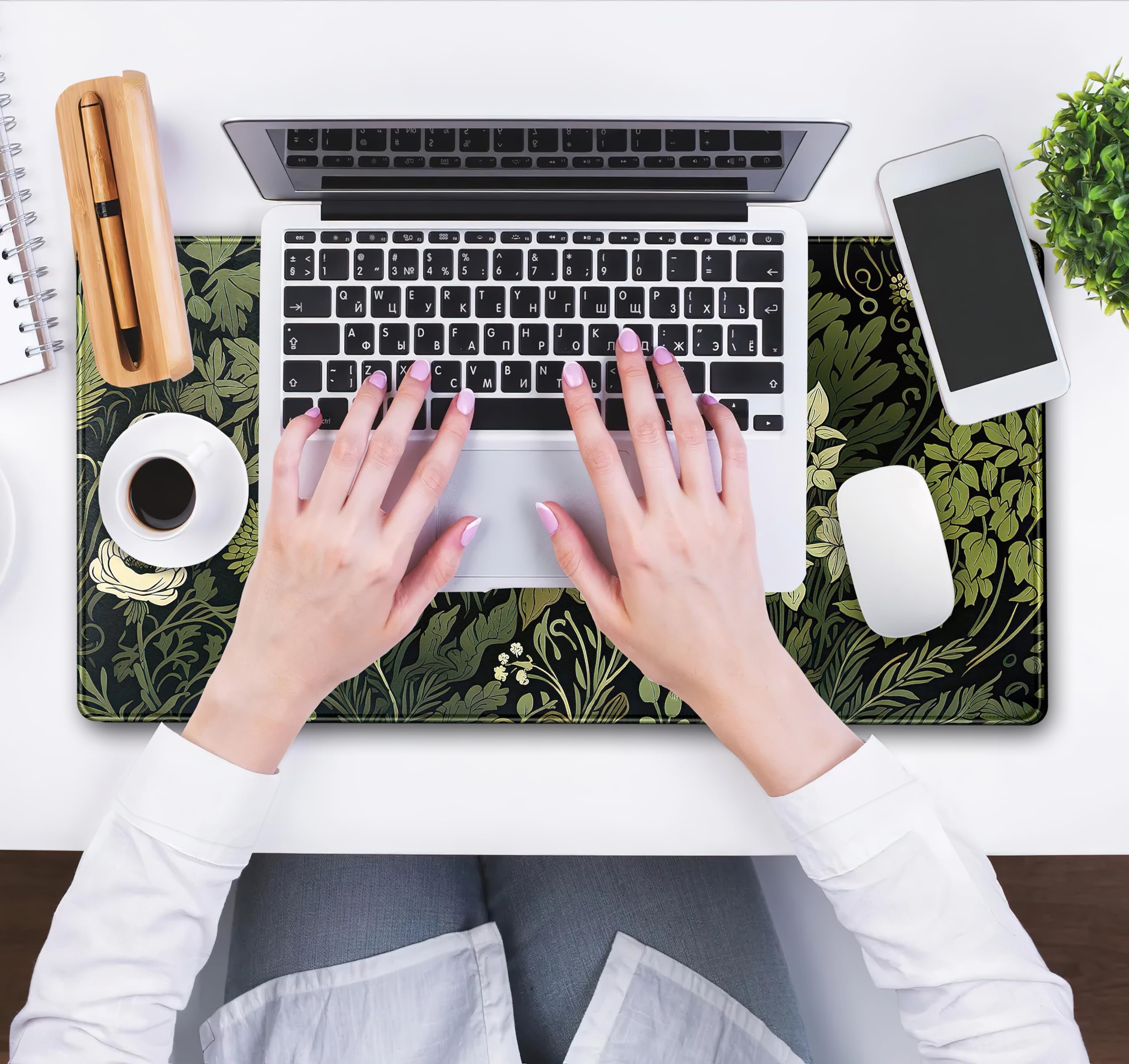 Large XXL Green Leaves Desk Mat - Beige Plants Mouse Pad with Fresh Foliage Design, 31.5x15.75 Inch Extended Keyboard Mat for Laptop & Wireless Mouse - Aesthetic Black Desktop Mat for Office, Home or Gift (Perfect for Women's Workspace & Home Decor)