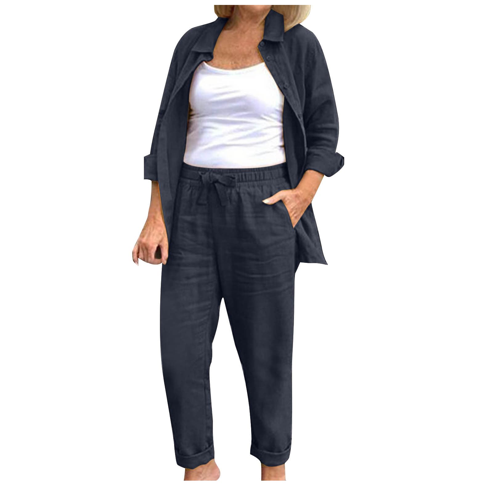 YMADREIG Women's 2-Piece Linen Outfit - Long Sleeve Button Down Shirt & Loose Linen Pants Set | Summer Casual Lounge Wear | Perfect for Beach Vacation, Brunch Dates & Relaxing at Home
