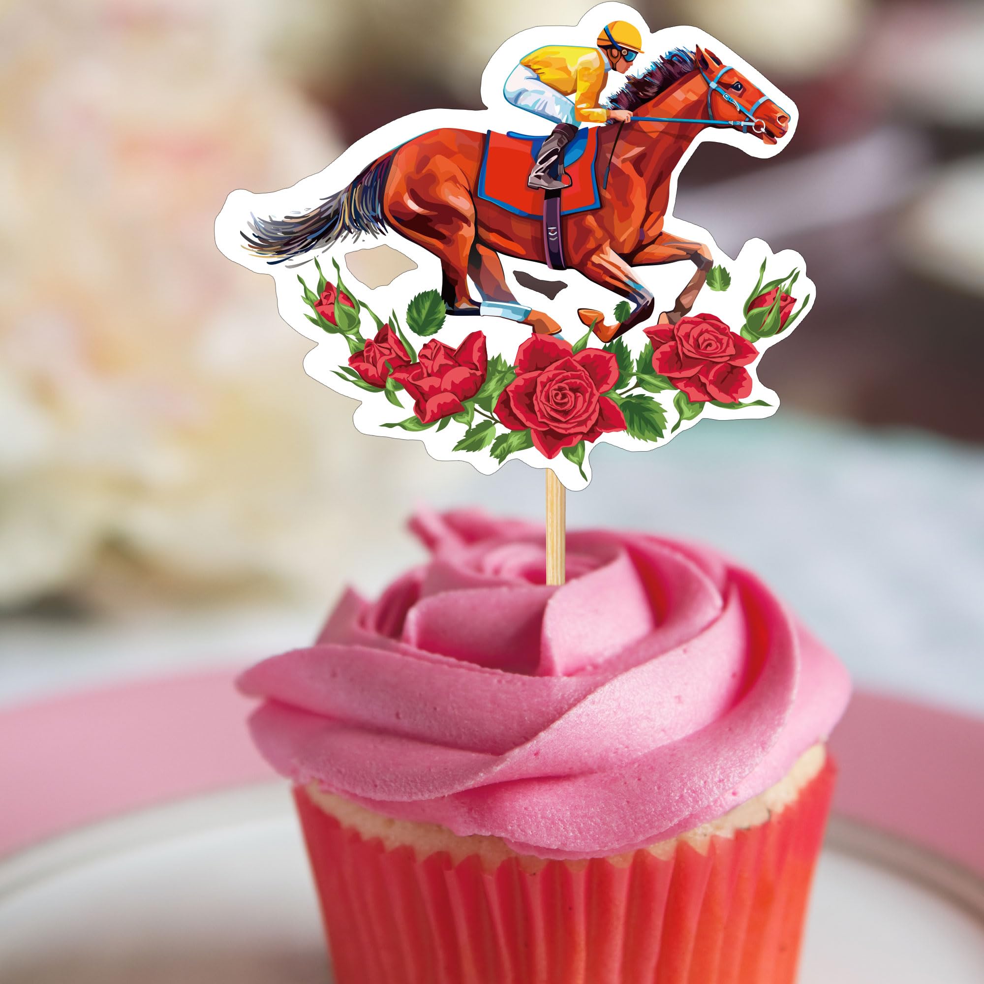 Kentucky Derby Cupcake Toppers - 30 PCS Horse Racing Party Decorations, Derby Day Cake Toppers with Toothpicks, Run for the Roses Themed Party Supplies - Perfect for Derby Parties, Birthday Cakes & Equestrian Events