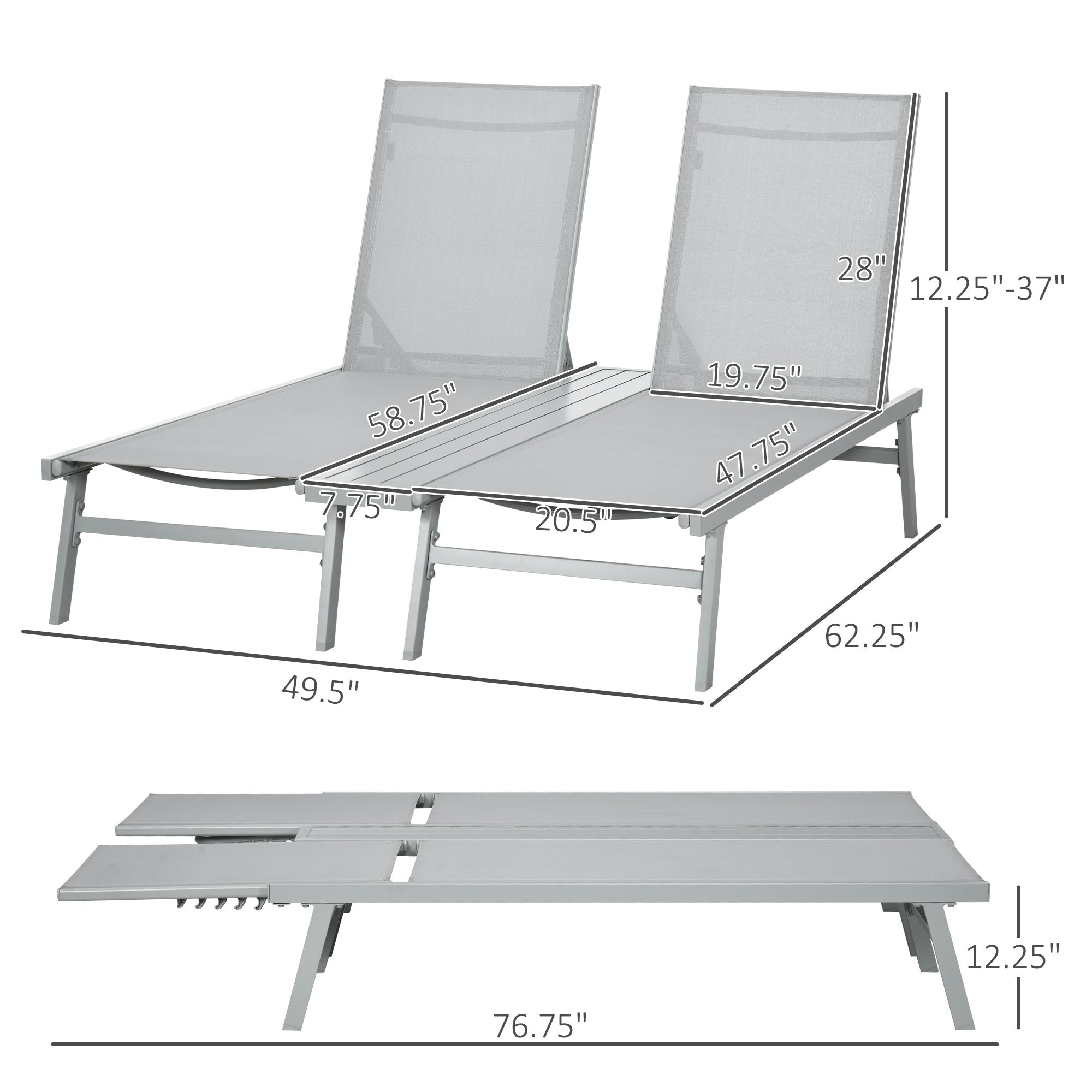 2-Pack Light Gray Aluminum Chaise Lounge Pool Chairs - 5-Position Reclining Outdoor Sunbathing Chairs with Storage Shelf & Breathable Mesh for Beach, Backyard, Patio, Garden Relaxation