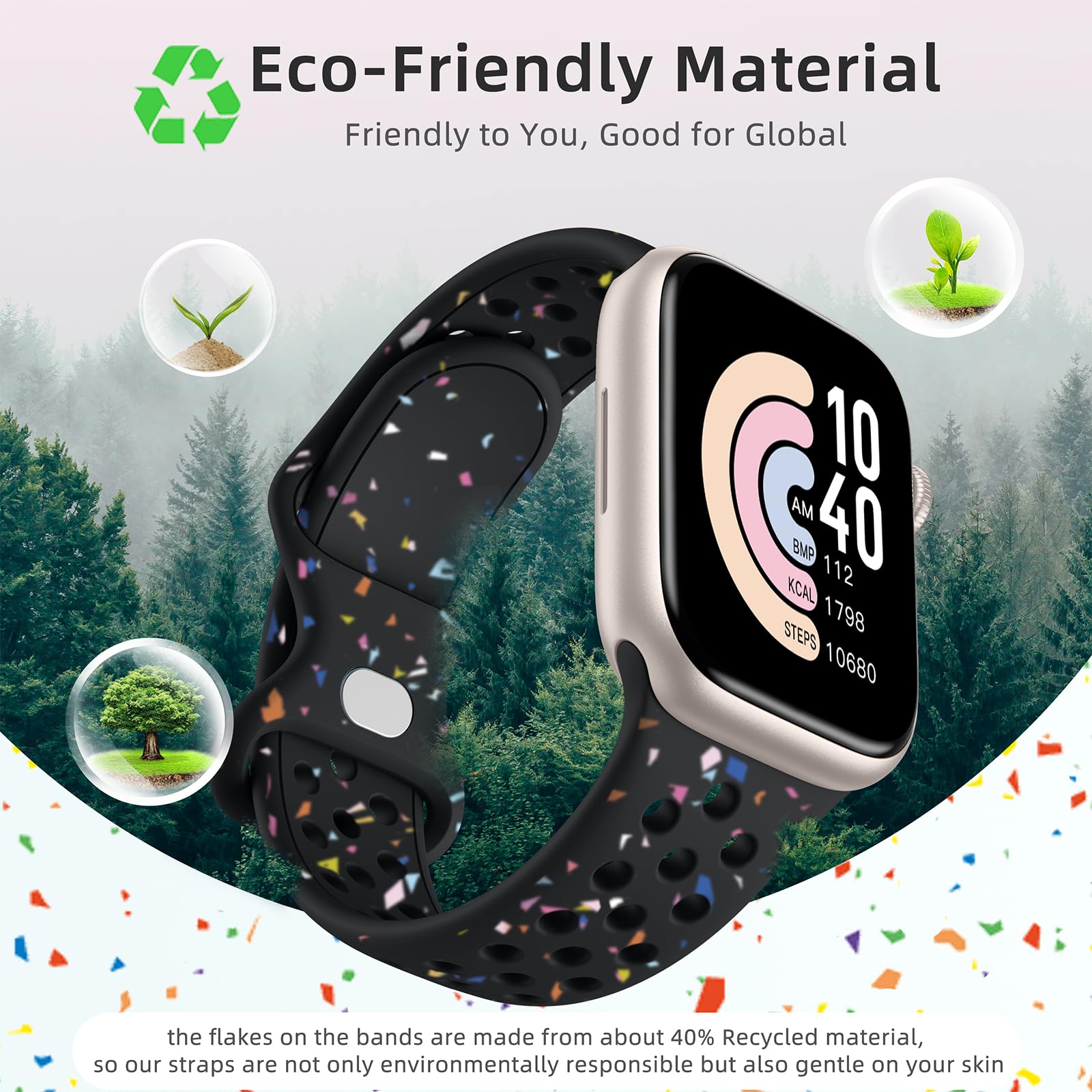 Eco-Friendly Apple Watch Bands for Women & Men - Compatible with iWatch Series Ultra 2/9/8/7/6/5/4/3/SE (38mm/40mm/41mm/42mm/44mm/45mm/49mm) - Breathable Sport Strap for Gym, Running & Daily Wear