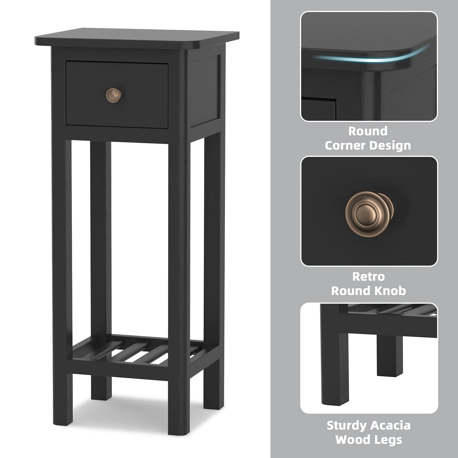 Giantex Set of 2 Tall Narrow End Tables with Drawer and Shelf - Acacia Wood Nightstand & Bedside Table for Small Spaces - No Assembly Required Black - Perfect for Living Room, Bedroom & Apartment Decor