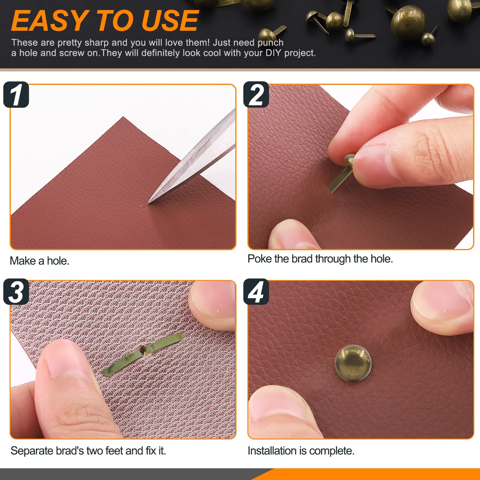Rustark 500PCS Brass Paper Fasteners Kit - 5 Sizes Round Brads with Mushroom Head for Scrapbooking, DIY Crafts, School Projects & Decorative Arts | Perfect for Card Making, Photo Albums & Office Supplies
