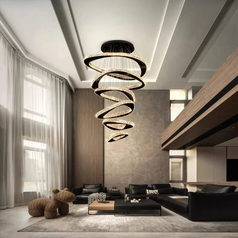 Twisted Ring LED Chandelier Light Fixture - Modern Crystal Ceiling Light for Dining Room, Living Room, Bedroom | Dimmable Hanging Pendant Lamp for High Ceilings, Hallways & Entryways