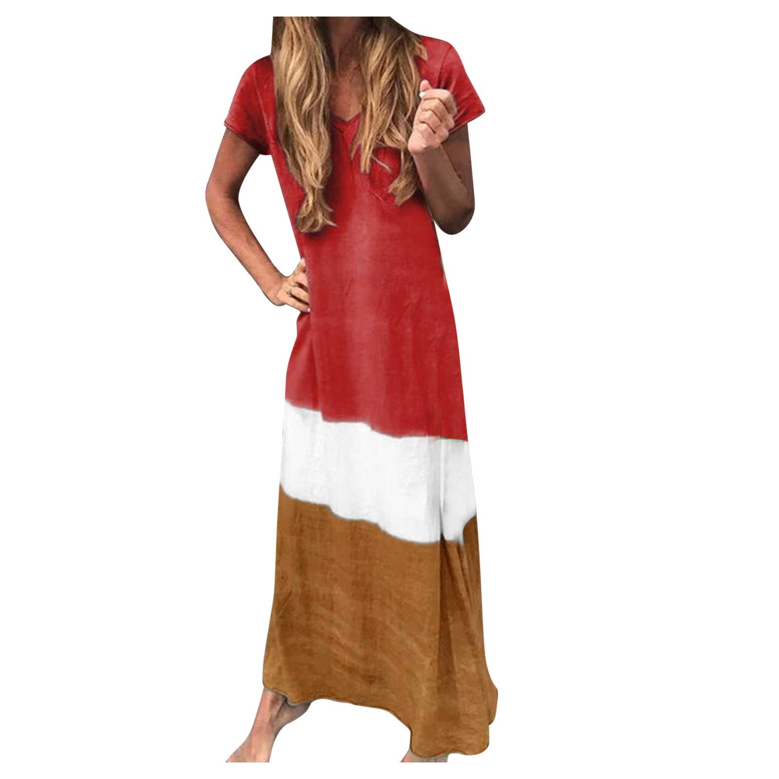 Plus Size Women's Summer Dresses - Color Block Flowy Swing Long Sundress with V-Neck & Short Sleeve | Casual Beach Wear, Vacation Outfit, Party Dress for Curvy Women