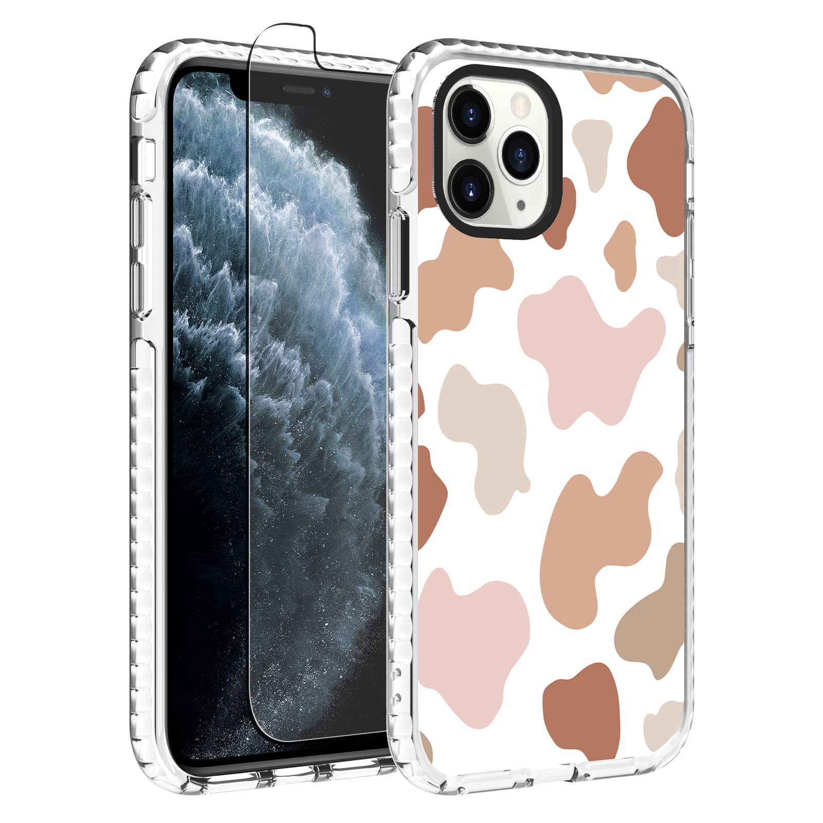 Cute Cow Print iPhone 11 Pro Max Case - Slim Lightweight Soft TPU Rubber Protective Cover with Screen Protector (Pink & Brown) | Fashion Accessory for Women, Girls | Perfect for Daily Use, Work & Travel