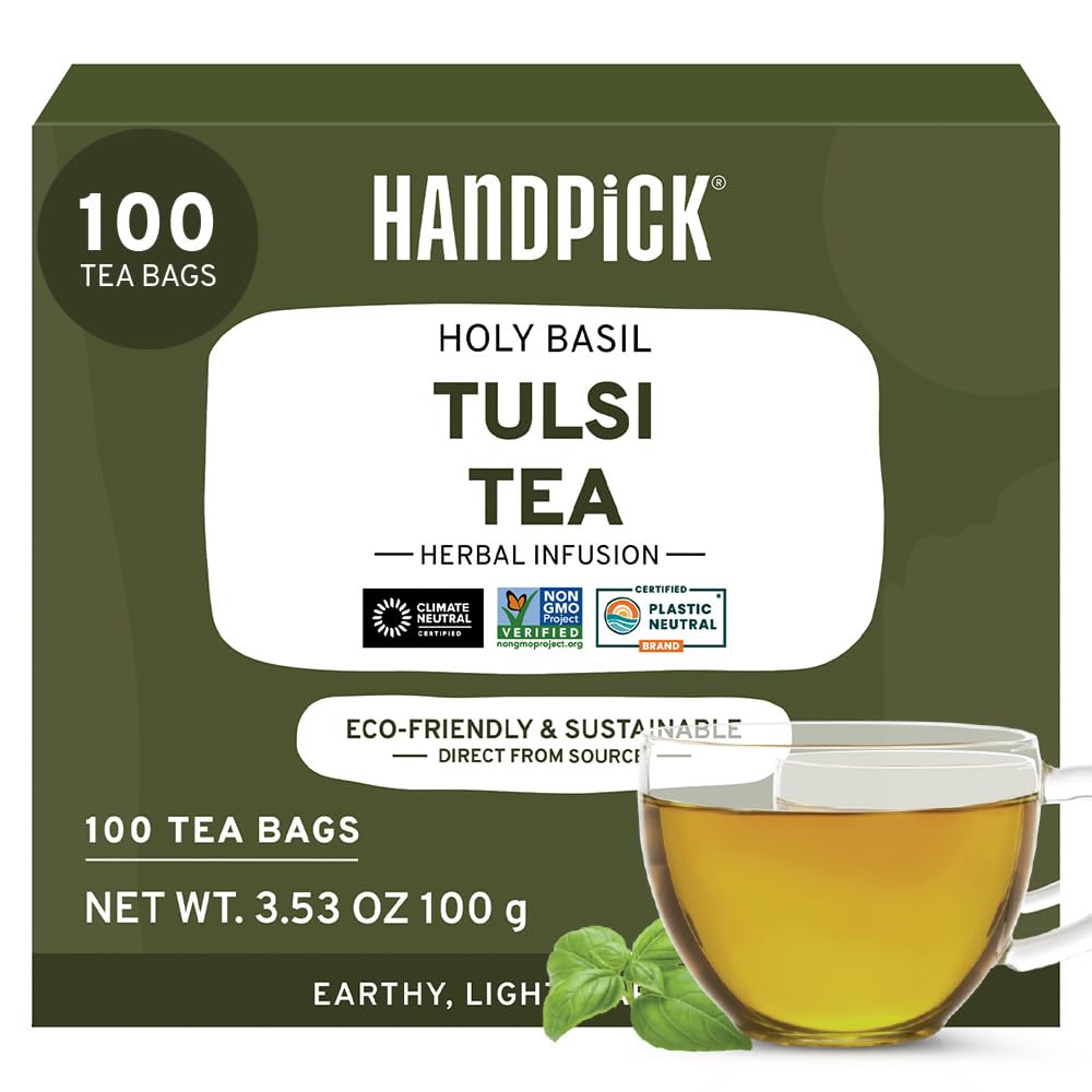 Organic Holy Basil Tea Bags (100 Count) - Caffeine Free, Non-GMO Tulsi Leaves Herbal Tea | Stress Relief & Relaxation, Perfect for Daily Wellness & Meditation