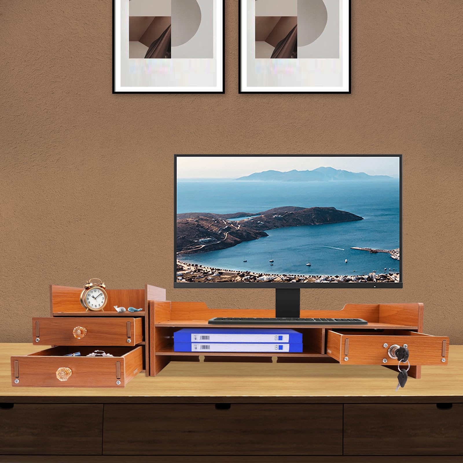 Ergonomic Wooden Monitor Stand with 3 Drawers - Adjustable Desk Riser for Computer Screens, Home Office Storage Shelf & Workspace Organizer - Perfect for Dual Monitor Setup, Gaming & Remote Work Accessories