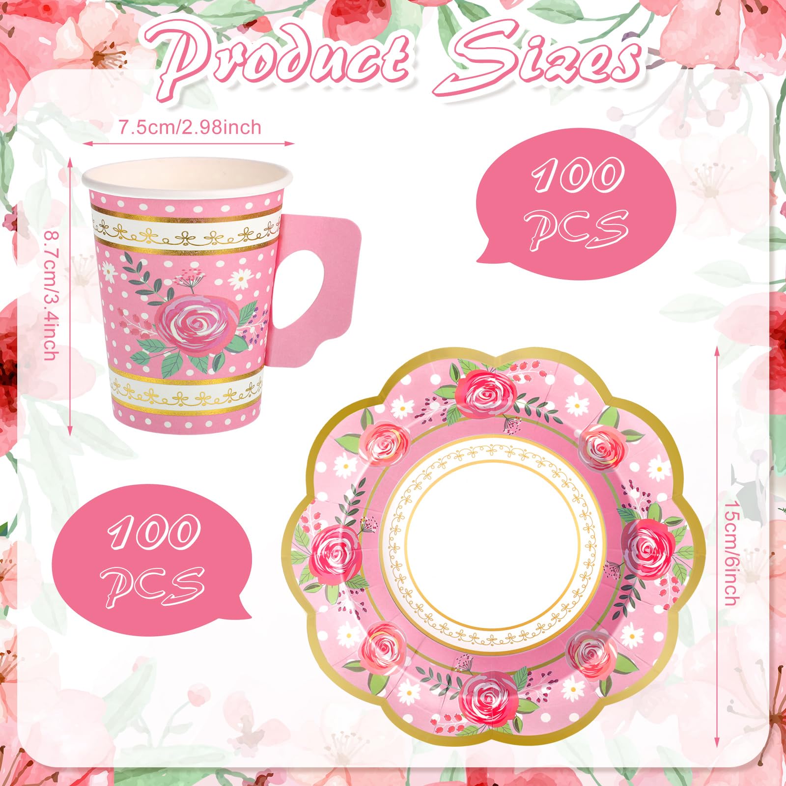 200 Pcs Floral Disposable Paper Tea Cups and Saucers Set - 9 oz Bulk Tea Cups with Handles & Plates for Tea Party, Baby Shower, Wedding, Birthday - Serves 100 Guests - Perfect for Garden Parties, Bridal Showers & Afternoon Tea Events