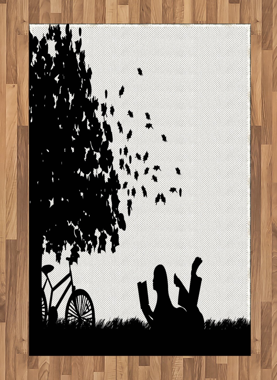 Ambesonne Black and White Area Rug - Fall Scene Silhouette of Girl Reading Under Tree with Bike, Non-Slip Flat Woven Accent Rug for Living Room, Bedroom, Dining Room - 4' x 5'7