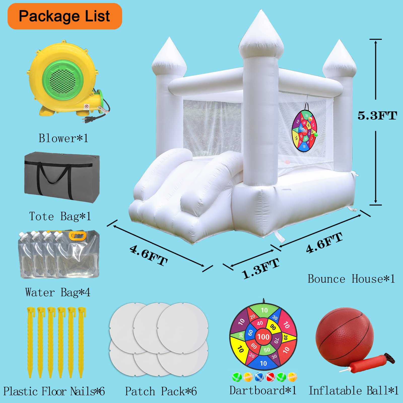 White Bounce House with Blower - 6ft x 5ft Inflatable Bouncy Castle for Kids, Family Backyard Fun, Birthday Parties, Weddings & Outdoor Events - Perfect Gift for Children (6ftL×5ftW×5ftH) - Great for Backyards, Parks, School Carnivals & Summer Gatherings