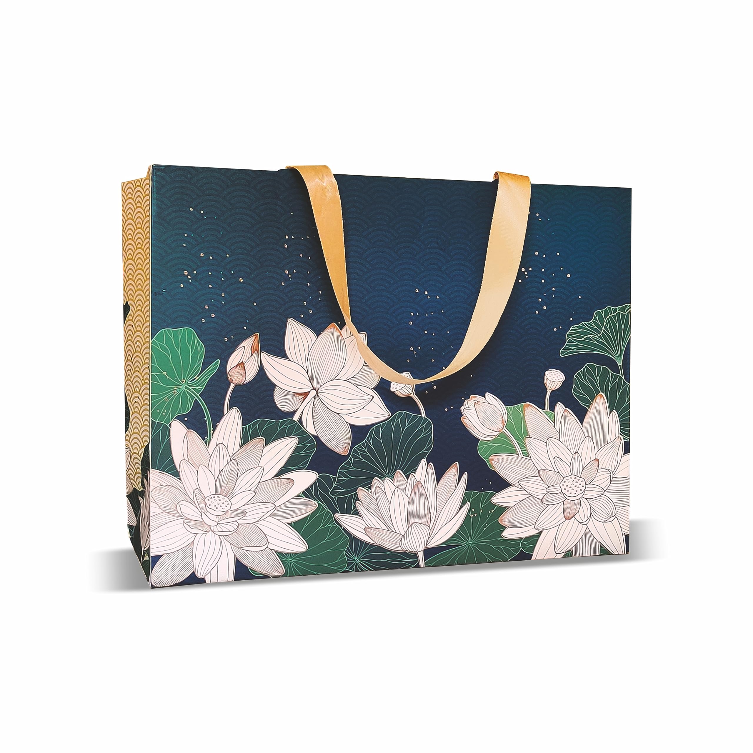 VESTTA Premium Gift Bags - Large 13x5.5x10 Inches, Vintage Lotus Print with Gold Stamping & Matt Finish - Elegant Gift Packaging for Weddings, Birthdays, Anniversaries & Special Occasions - Set of 5 with Gift Tags