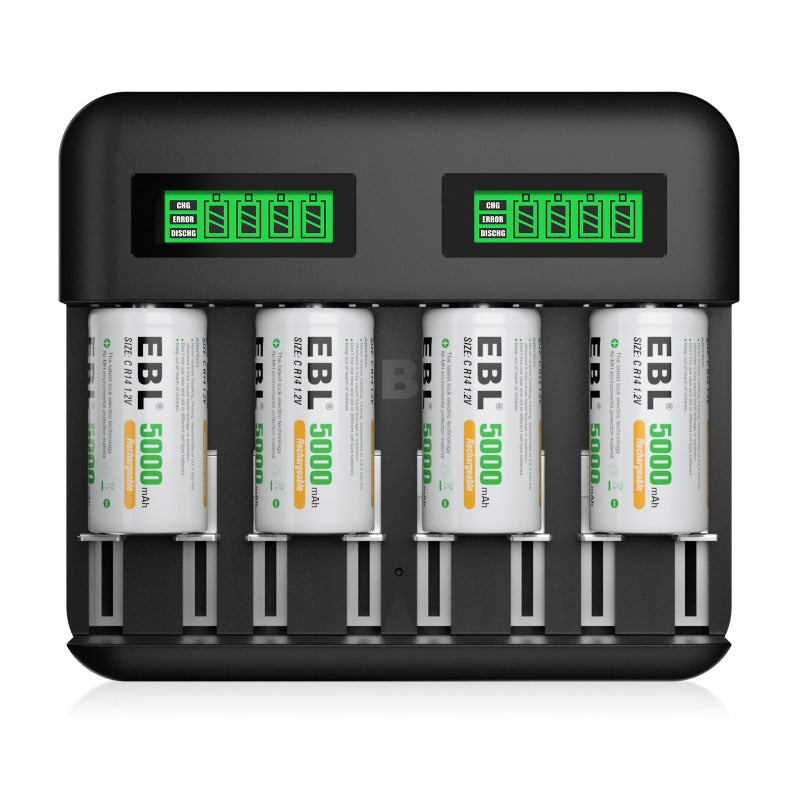EBL C9008 LCD Battery Charger for C & D Rechargeable Batteries - Fast Charging, Smart Detection - Perfect for Flashlights, Toys, and Home Electronics
