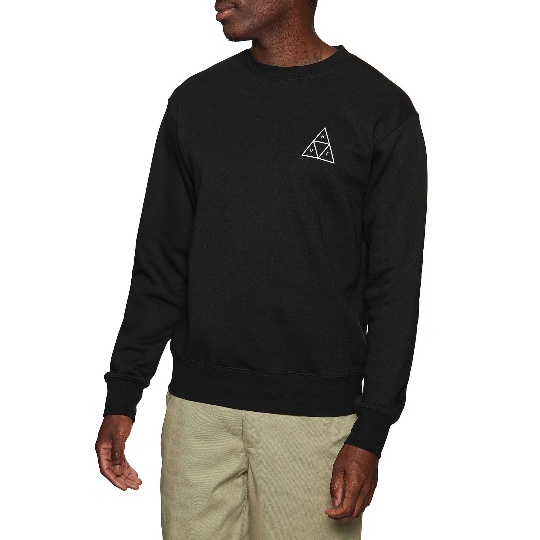 HUF Essentials Triple Triangle Crewneck Sweatshirt for Men - 100% Cotton Comfort Fit Pullover Hoodie | Casual Streetwear, Gym, Lounge & Everyday Wear