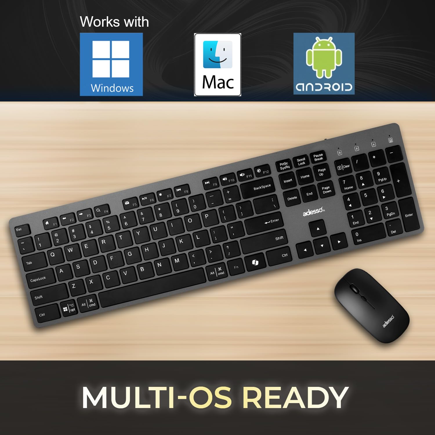 Adesso Wireless Scissor Switch Keyboard and Mouse Combo with Copilot AI Hotkey - Multi-OS Compatible for Mac/Windows, Quiet Typing, 2.4GHz USB Dongle - Perfect for Office Work, Gaming, and Home Computing
