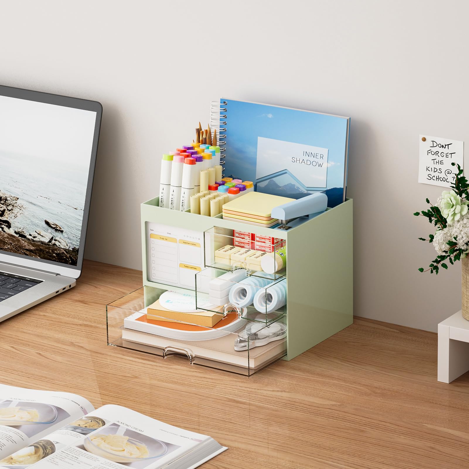 Marbrasse 3-Drawer Desk Organizer with 4 Compartments - Multi-Functional Pencil & Pen Holder for Office, Home, School - Green Desktop Storage for Supplies, Stationery & Accessories - Perfect for Workspace Organization & Decluttering