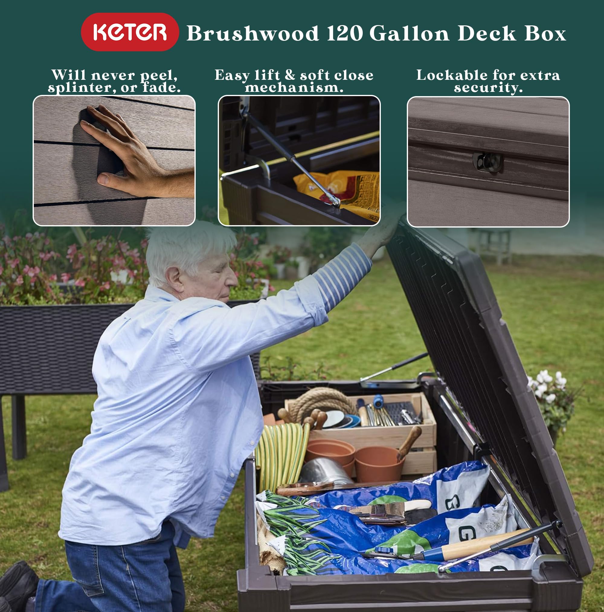 Keter 120-Gallon Outdoor Storage Deck Box - Lockable Waterproof Plastic Container Bench for Patio, Backyard & Garden | Weatherproof Organizing Solution for Cushions, Toys & Gardening Tools (Brown Brushwood Design)