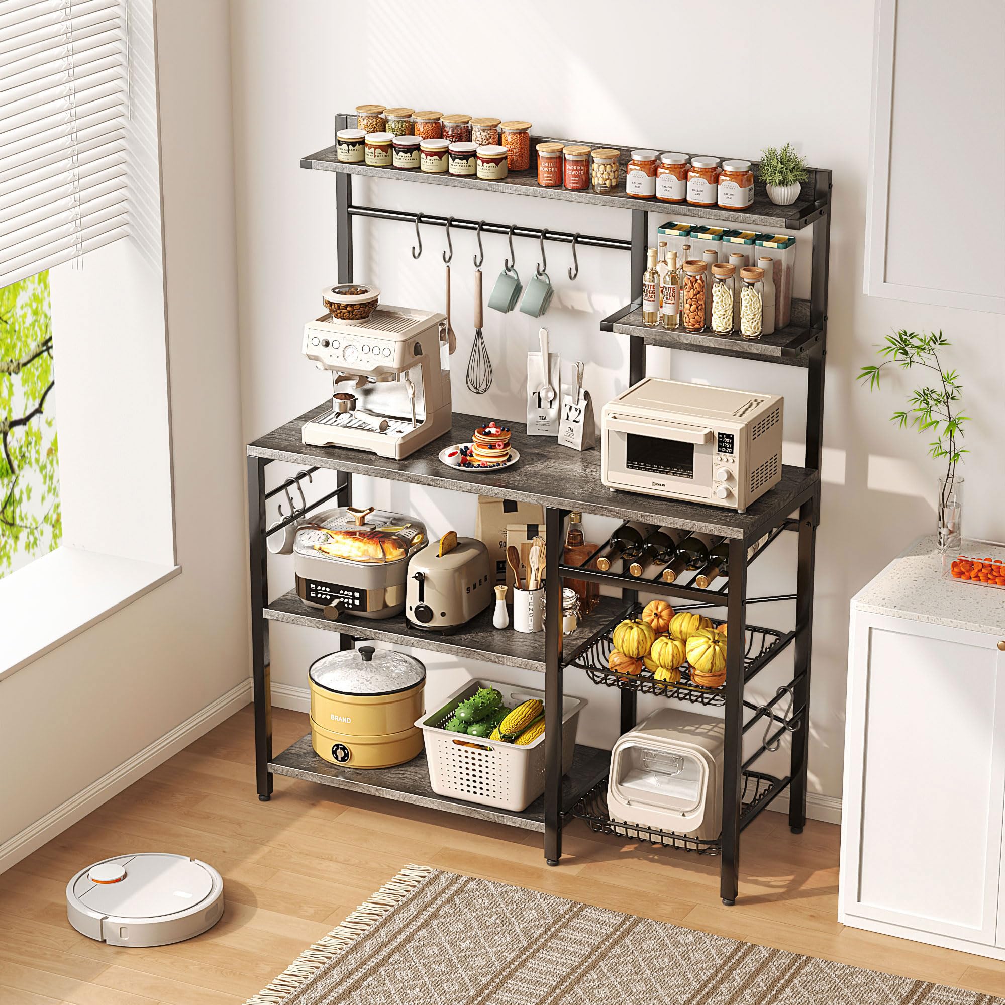 Mexin 6-Tier Large Bakers Rack with Power Outlets - Microwave Stand with Storage, Coffee Bar Station with 10 S-Shaped Hooks & Wire Basket - Grey Oak - Perfect for Kitchen Organization, Pantry Storage & Coffee Station Setup