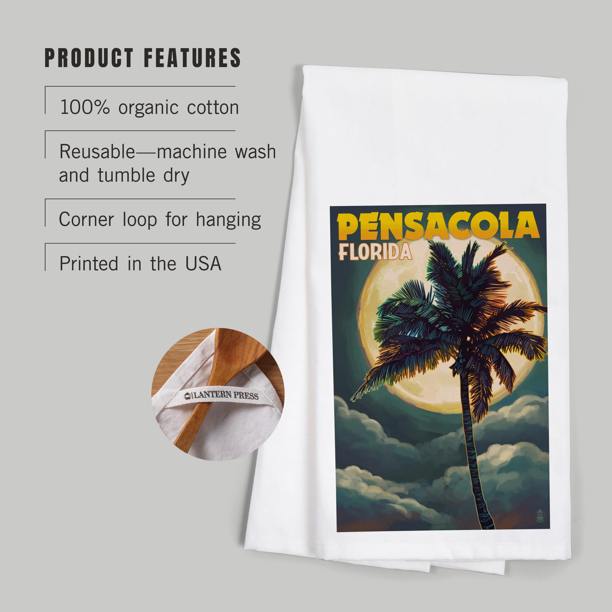 Lantern Press Pensacola Florida Palms and Moon 100% Cotton Tea Towel - Decorative Hand Towel for Kitchen, Bathroom & Home Decor - Perfect for Gifts, Housewarming & Coastal Themed Spaces