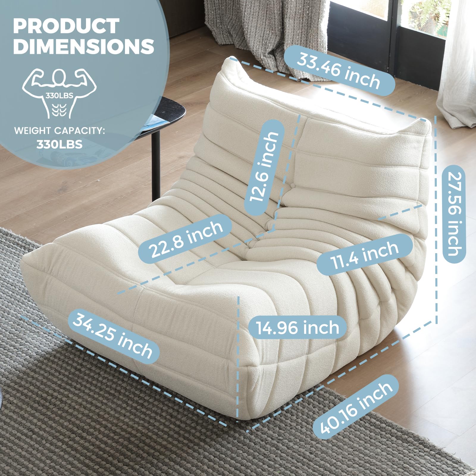 Ergonomic Togo Sofa Bean Bag Chair for Adults - High-Density Foam Floor Couch with Beige Short Teddy Fabric, Fireside Chair for Living Room, Bedroom & Salon | Perfect for Relaxing, Lounging & Movie Nights