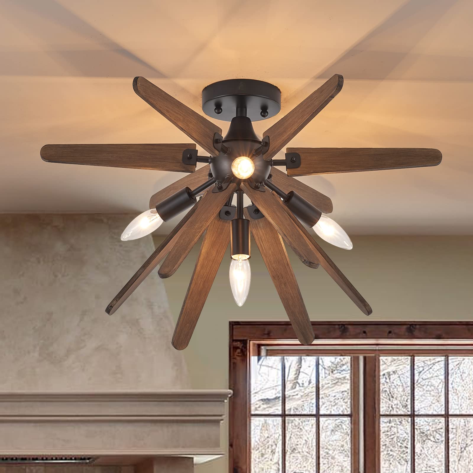 **4-Light Sputnik Semi Flush Mount Ceiling Light Fixture - Black & Wood Farmhouse Style for Hallway, Kitchen, Entryway, Laundry, Nursery, Bedroom - Perfect for Rustic & Modern Home Decor**