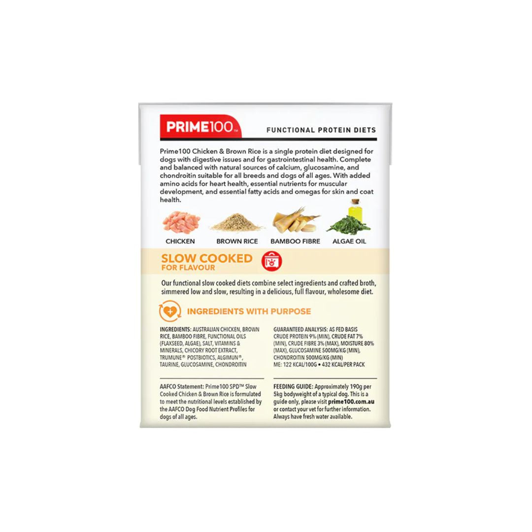 Prime100 SPD™ Slow Cooked Chicken & Brown Rice Dog Food - 354g (12 Pack) | Grain-Free, High-Protein Meal for Adult Dogs | Perfect for Home, Travel & Outdoor Adventures