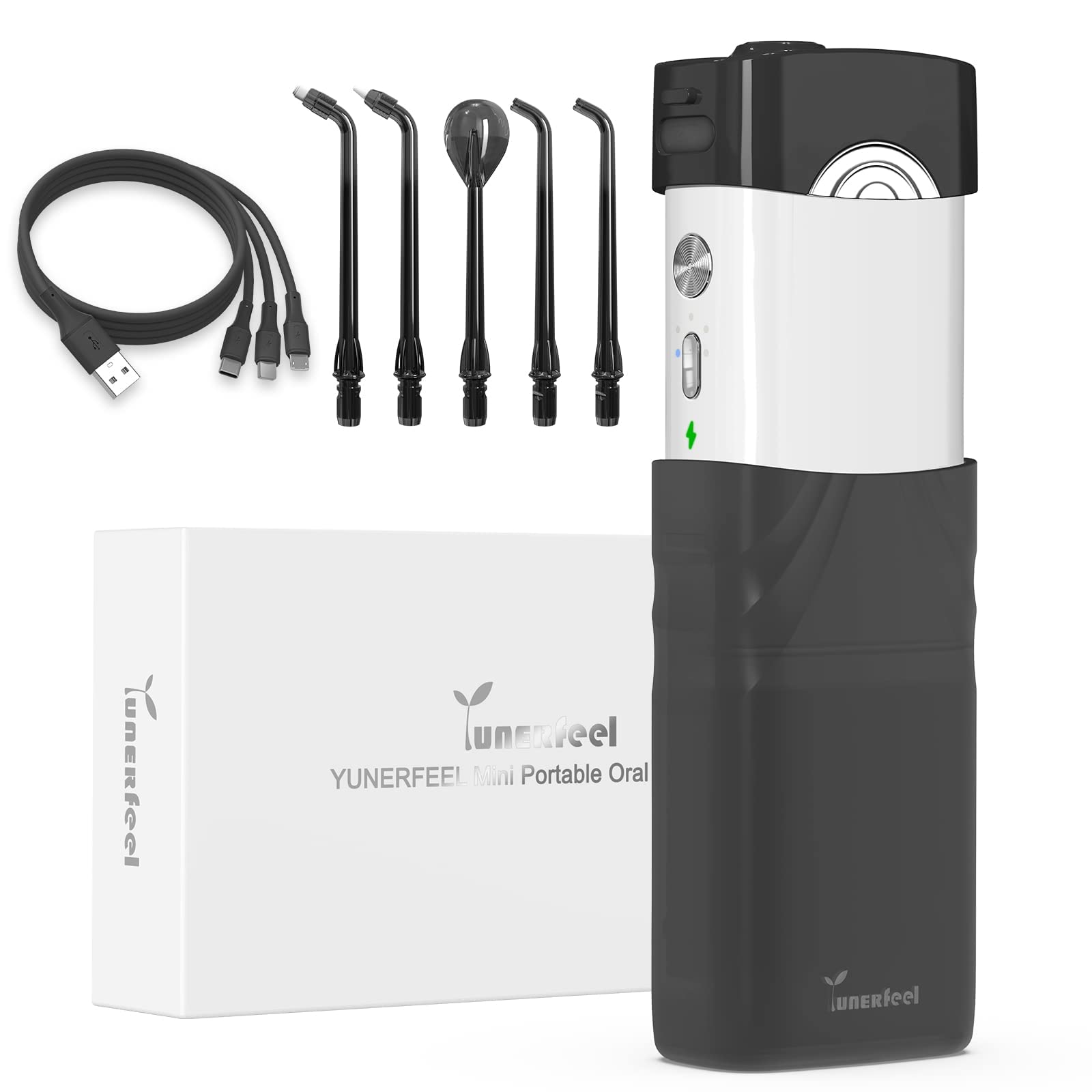 YUNERFEIL Cordless Water Flosser - Portable Dental Flosser with 3-in-1 Charging Cable, 5 Cleaning Modes & 5 Jet Tips, IPX7 Waterproof Teeth Cleaner for Travel & Home Use - Perfect for Braces, Implants & Gum Care (Black)