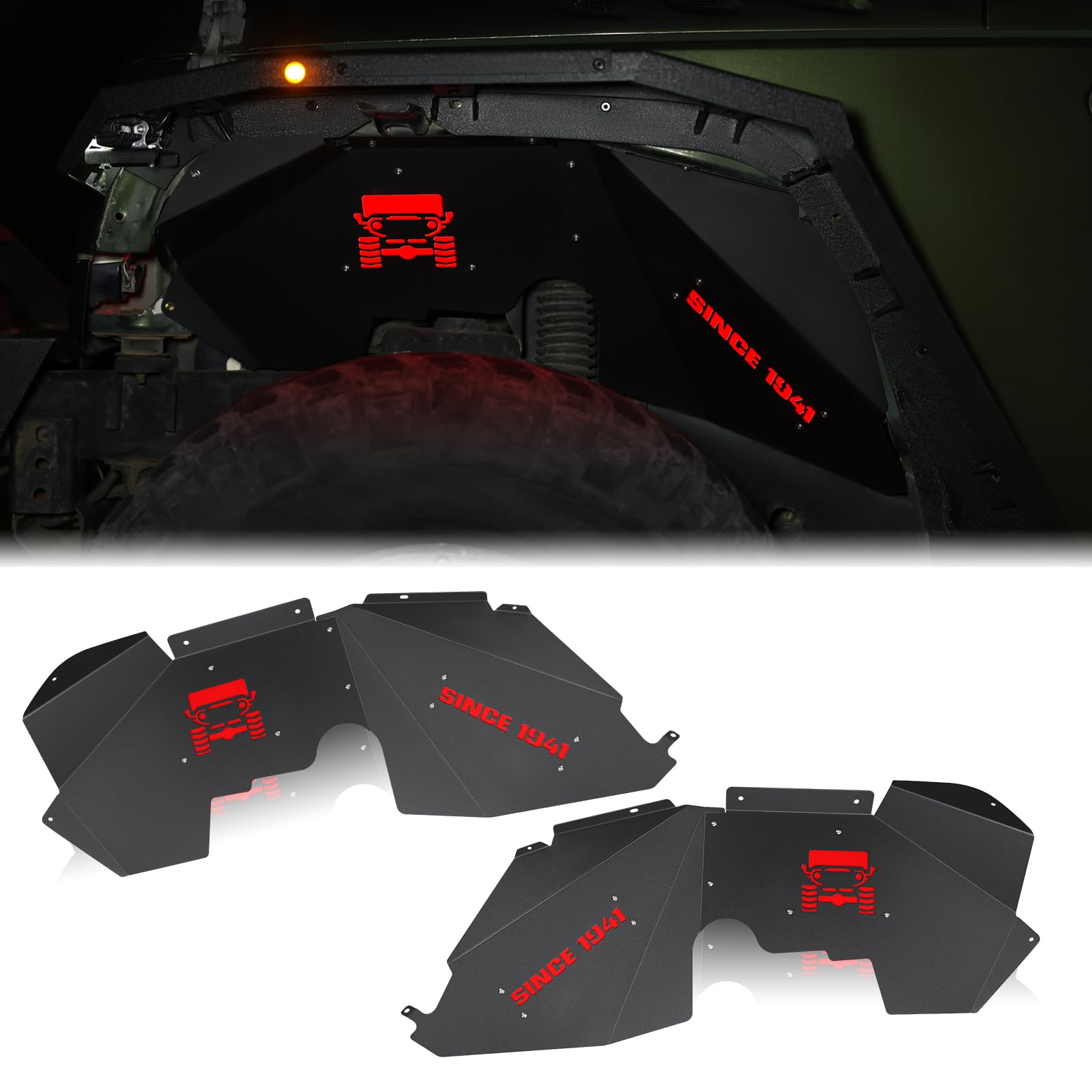 Aluminum Front Fender Liners with 4 LED Lights for Jeep Wrangler JK & JKU (2007-2018) - Compatible with Sport, Sahara, Rubicon Models (2/4 Door) | Off-Road Protection & Enhanced Style