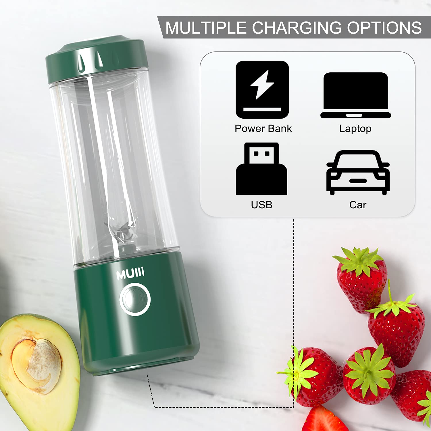 Mulli Portable Blender - USB Rechargeable Personal Smoothie Maker & Shake Mixer with 6 Blades for Baby Food, Travel, Gym, Kitchen - Perfect for Healthy Drinks, Protein Shakes & Meal Prep On-The-Go