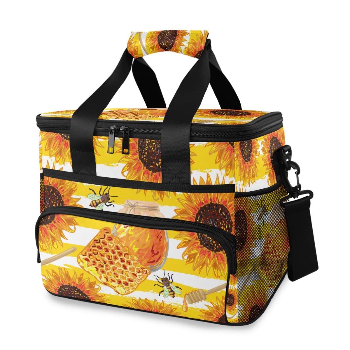 MNSRUU Insulated Cooler Bag for Lunch Picnic - Honey & Sunflower Design with Adjustable Shoulder Strap - Perfect for Work, School, Beach Outings and Outdoor Activities