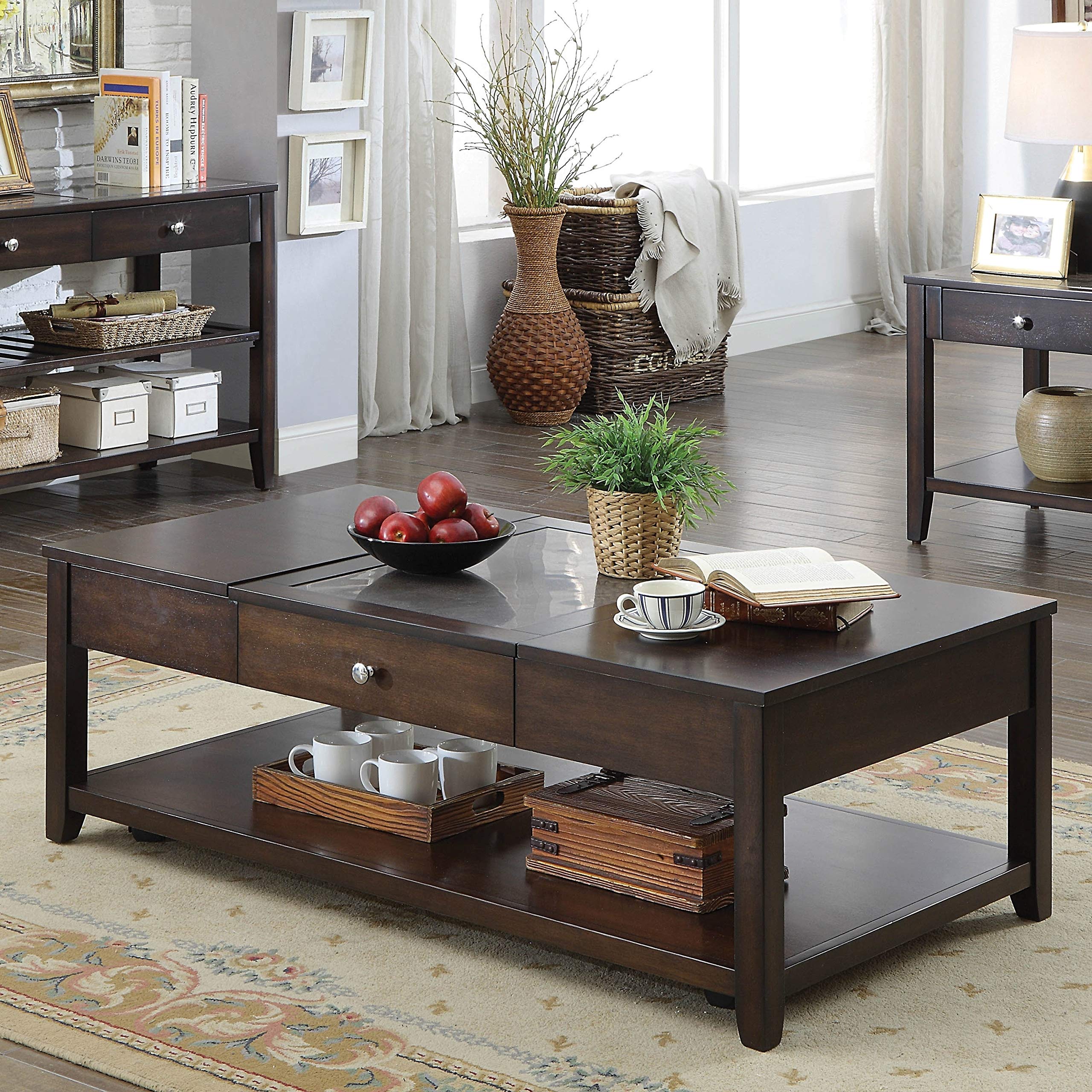 Modern Espresso 1-Drawer Lift Top Coffee Table - Contemporary Transitional Rectangle Veneer Wood Finish with Storage - Perfect for Living Room, Office or Small Space Decor