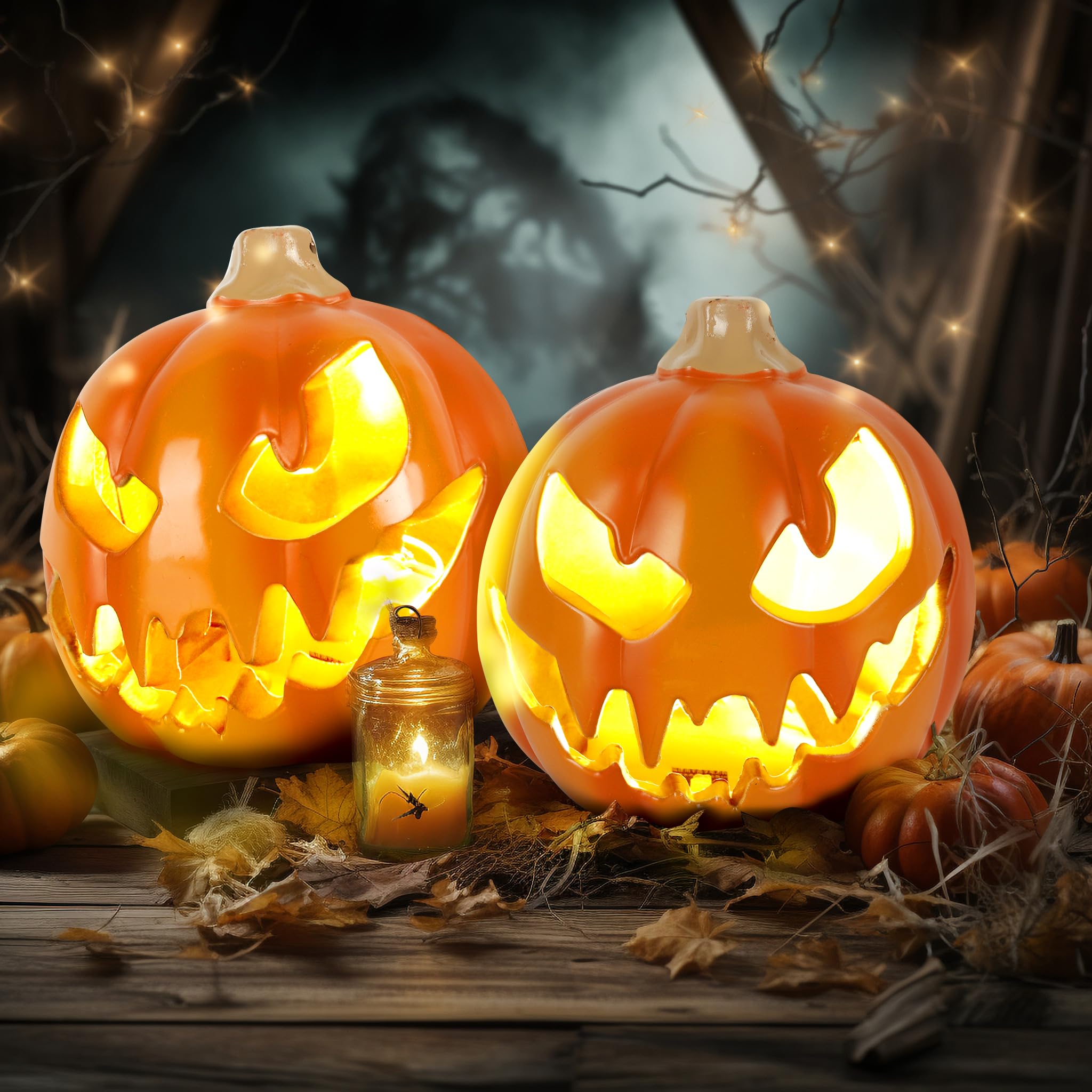 Halloween Pumpkin Lights - Jack-O-Lantern LED String Lights for Indoor/Outdoor Decorations, Halloween Party, Yard & Porch Decor (Set of 2) | Perfect for Spooky Home Decor, Trick-or-Treat Displays & Fall Festival Lighting