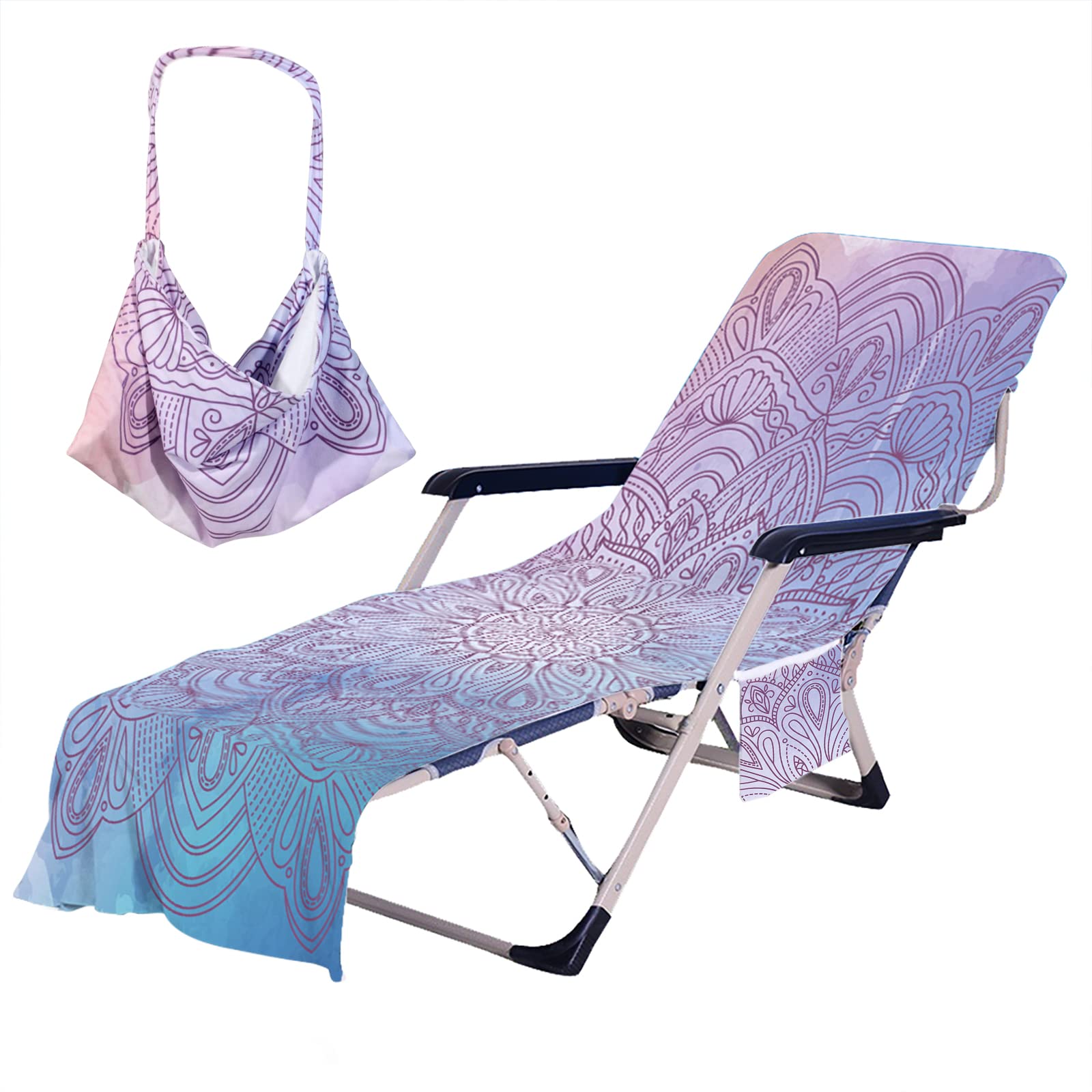 Bohemian Beach Chair Cover with Side Pockets - Thick Quick-Dry Chaise Lounge Towel Cover for Pool, Sunbathing, Garden & Hotel Use - Non-Slip Design (Purple) - Perfect for Vacation, Resort Relaxation and Outdoor Lounging