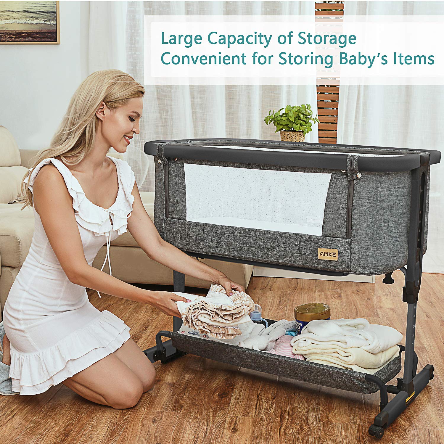 AMKE 3-in-1 Baby Bassinet with Storage Basket - Adjustable Bedside Sleeper Crib for Newborns & Infants, Breathable Mesh Portable Baby Bed - Perfect for Nursery, Bedroom & Travel (Easy Assembly)