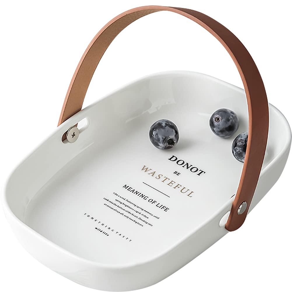 Nordic Ceramic Serving Tray with Handle - Elegant Oval Fruit Bowl & Decorative Storage Basket for Kitchen, Dining Table, Party Centerpiece | Perfect for Entertaining, Home Decor, and Gift Giving