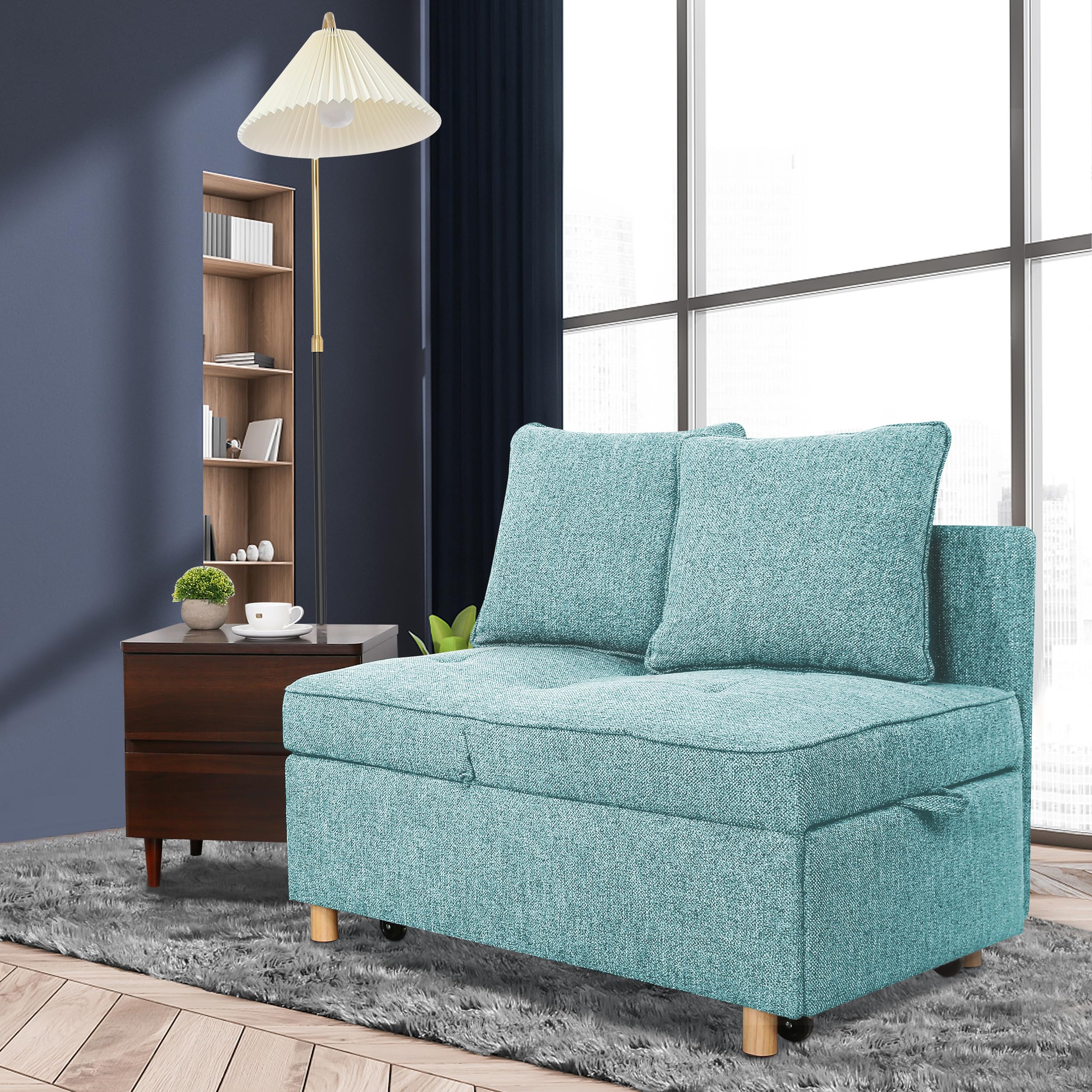 SEJOV 4-in-1 Convertible Sleeper Sofa Bed with Ottoman - Modern Blue Futon Couch with Adjustable Backrest, Armrests & 2 Pillows - Foldable Loveseat for Small Spaces, Apartments, Dorm Rooms & Home Offices - Perfect for Guest Sleeping, Lounging & Space Saving