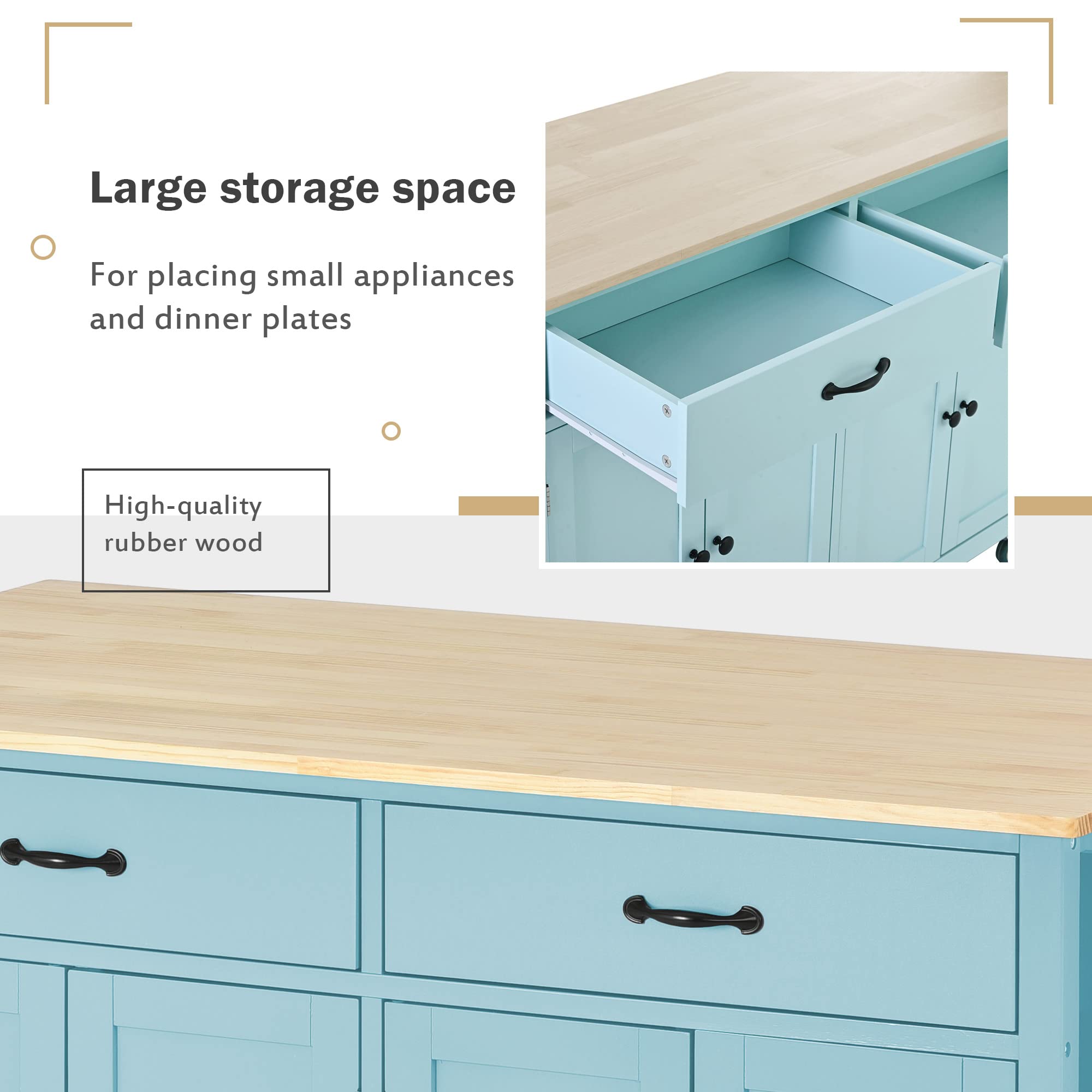 Large Rolling Kitchen Island with Storage Cabinets & 2 Drawers, Solid Wood Top, Mint Green - Perfect for Dining Room & Small Kitchen Spaces