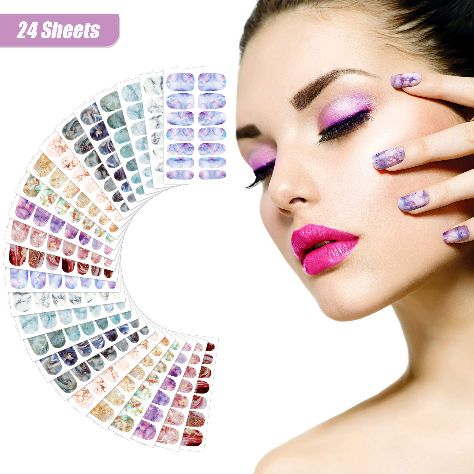 336-Piece Gradient Marble Nail Stickers Kit - 24 Self-Adhesive Nail Art Decals with Glass Nail File for Women & Girls - Waterproof Manicure Decor for Parties, Weddings, Daily Use (Classic Style)