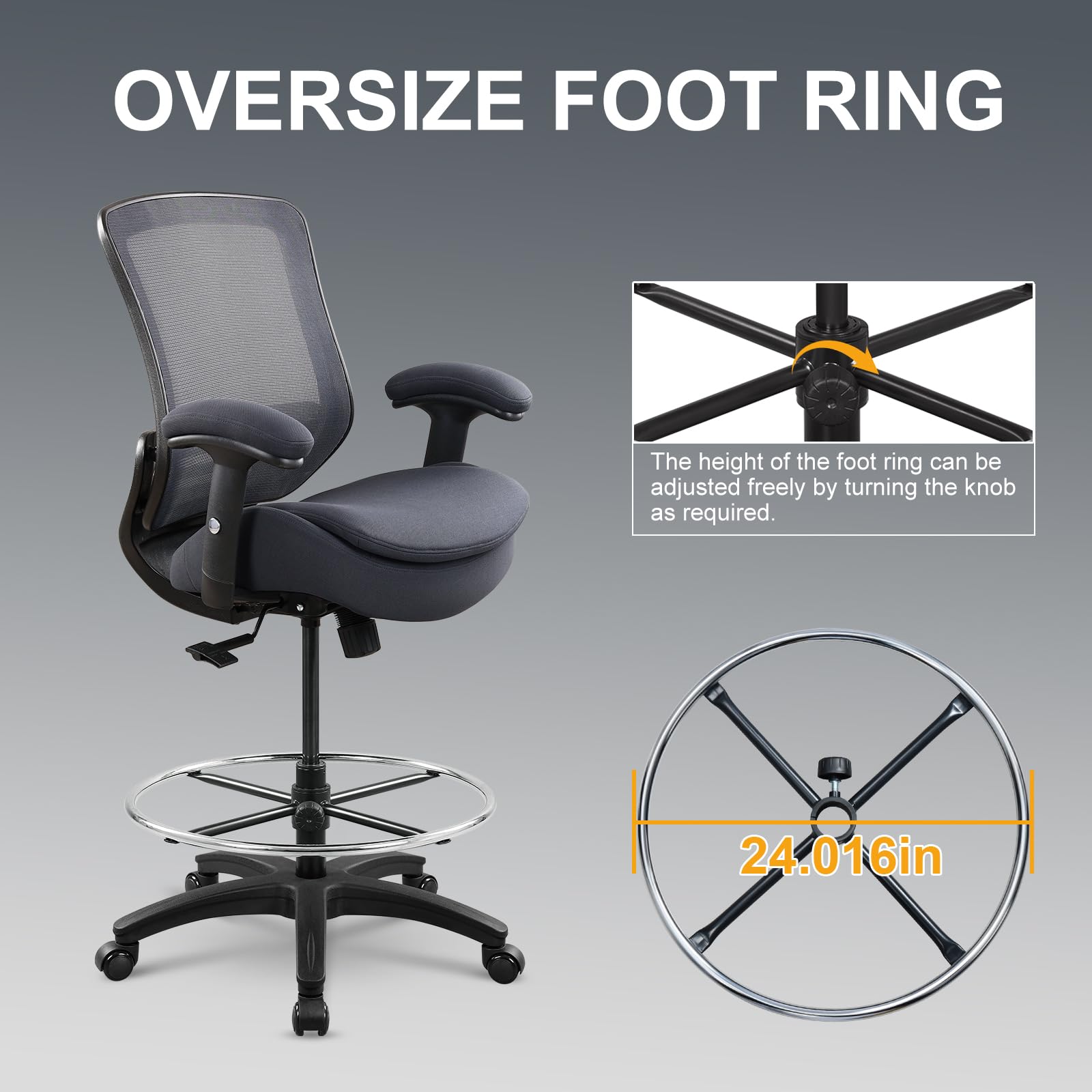400lbs Heavy Duty Adjustable Drafting Chair with Lumbar Support - Ergonomic Office Stool for Standing Desks, Extra Thick Seat Cushion & Oversized Footrest (Gray) - Perfect for Architects, Designers & Home Office Workspaces