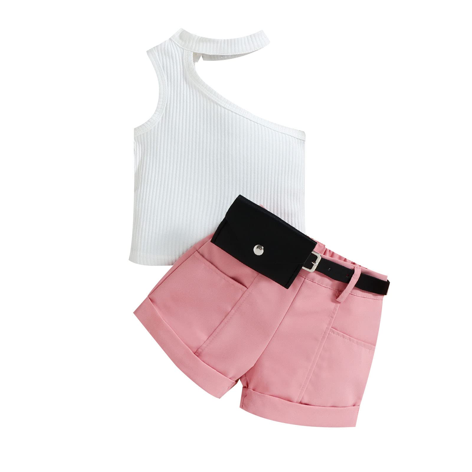 Summer Toddler Girls Outfit Set - Sleeveless Ribbed Vest, Off Shoulder Top, Shorts, Belt & Waist Bag with Headband | Cute Playtime & Beach Outfits for Little Girls