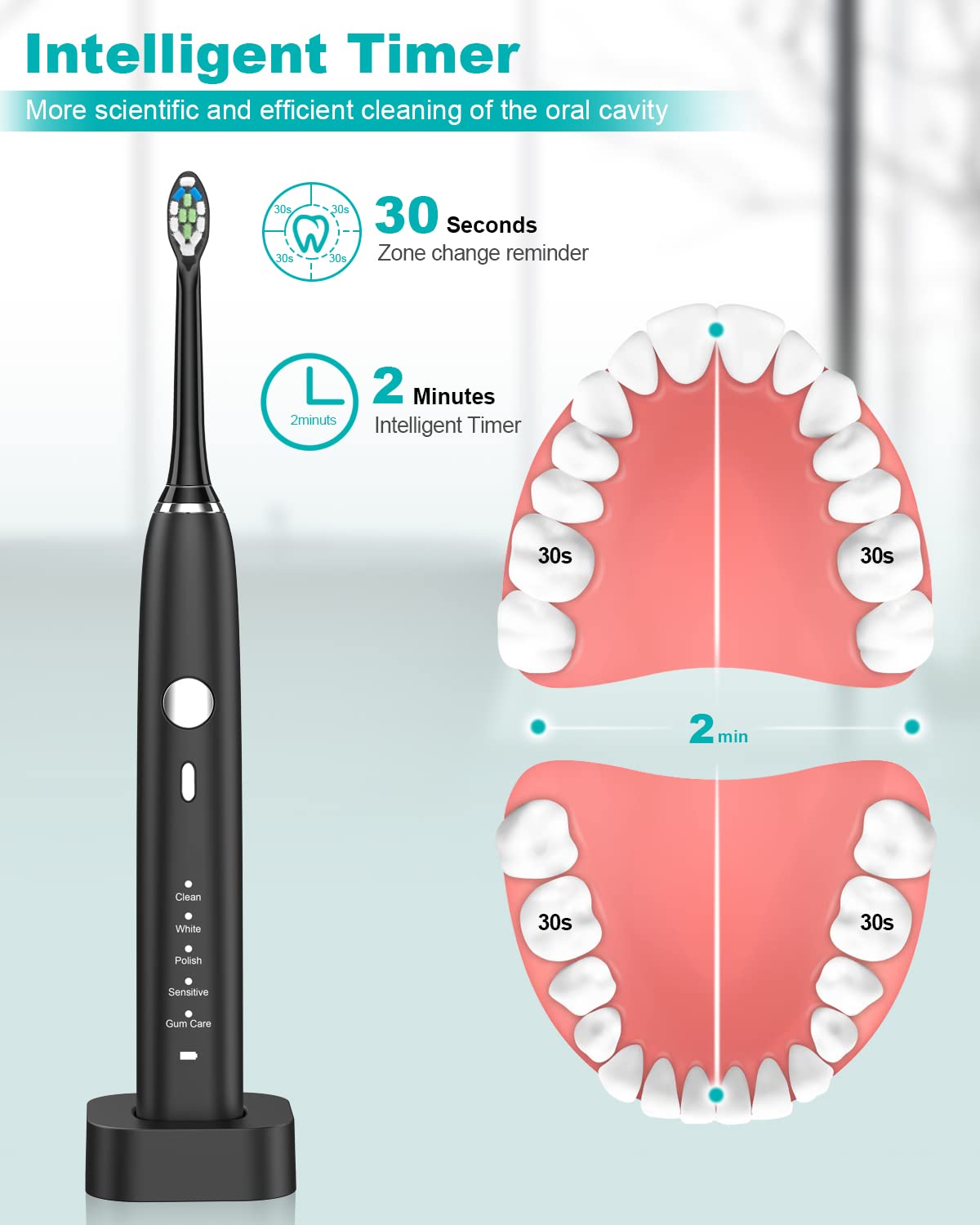 Sonic Electric Toothbrush for Adults & Kids - 5 Cleaning Modes, 3 Intensity Levels with 2-Minute Timer - 90-Day Battery Life & Wireless Charging - Includes 4 Replacement Brush Heads (Black) - Perfect for Travel, Home & Family Oral Care