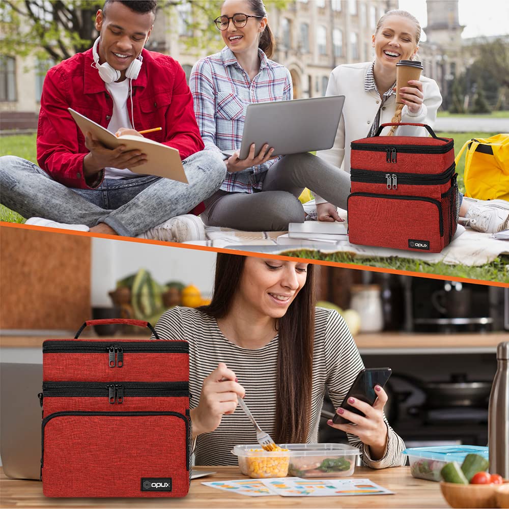 Premium Insulated Lunch Bag for Men & Women - Large Dual Compartment Cooler Tote with Shoulder Strap | Leakproof Soft Lunch Box for Work, School, Picnic & Outdoor Activities | Ideal for Adults & Kids (Red, Double Deck)