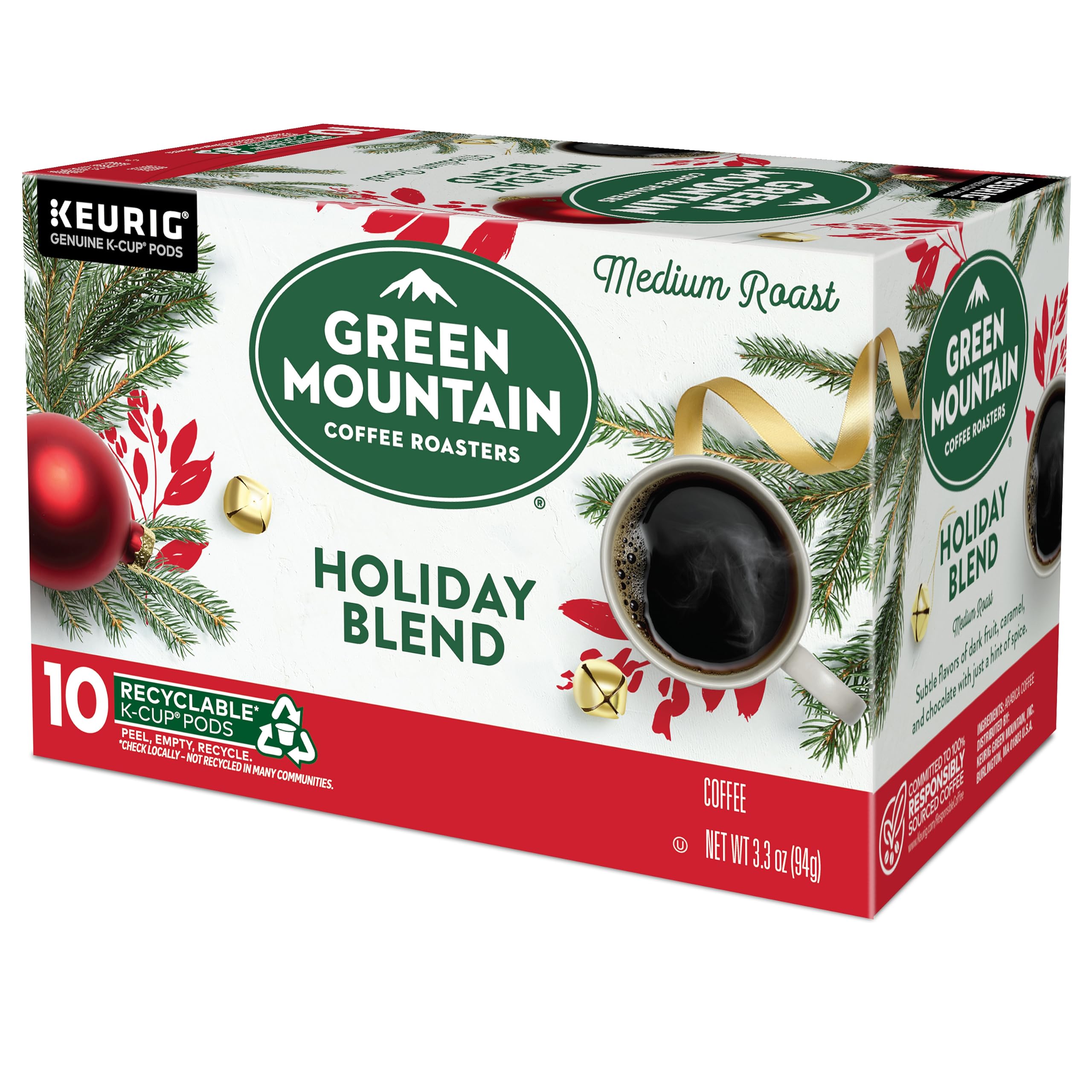 Green Mountain Coffee Roasters Holiday Blend K-Cups - 10 Count Single Serve Coffee Pods for Keurig Brewers - Perfect for Christmas Morning & Winter Gatherings