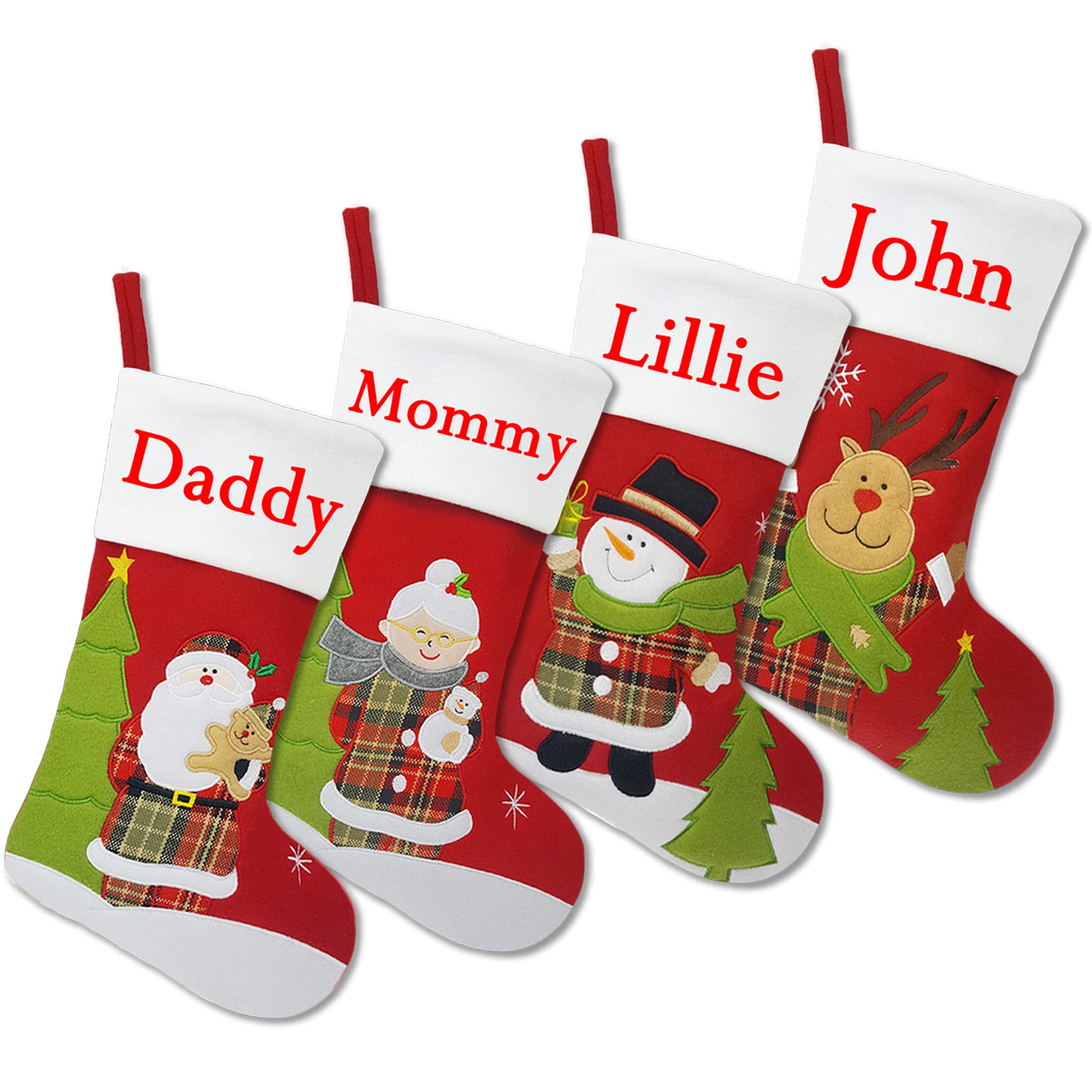 Set of 4 Personalized Christmas Stockings - 18 Inch Fleece Stockings with Embroidery Names for Family (Santa, Mrs. Claus, Snowman, Reindeer Designs) - Perfect for Holiday Decor, Fireplace Mantel & Gift Giving