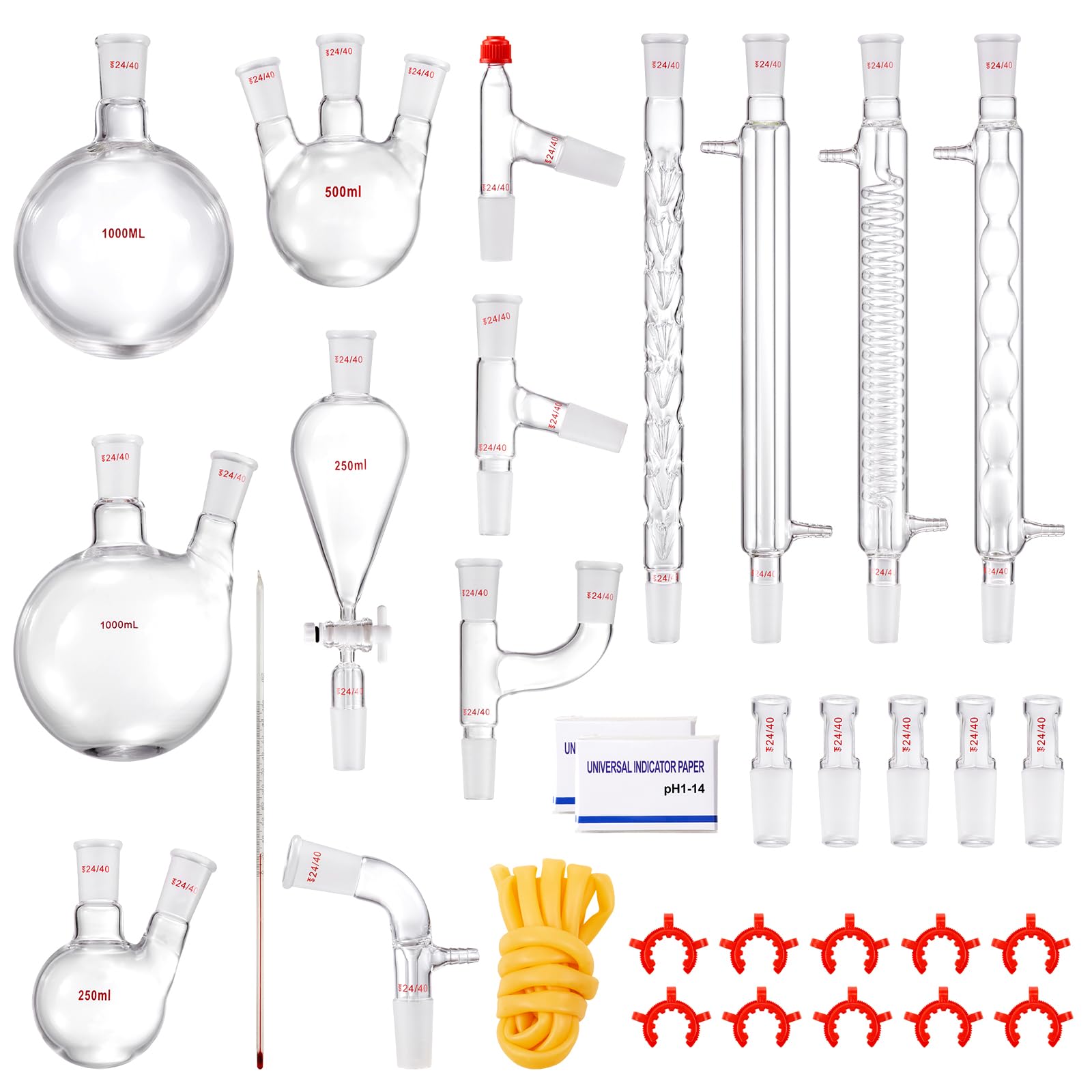 VEVOR 3.3 Boro Lab Glass Distillation Kit - 1000ml Essential Oil Extraction Apparatus with 24/40 Joints, 32-Piece Chemistry Glassware Set for Home DIY, Aromatherapy & Herbal Distillation