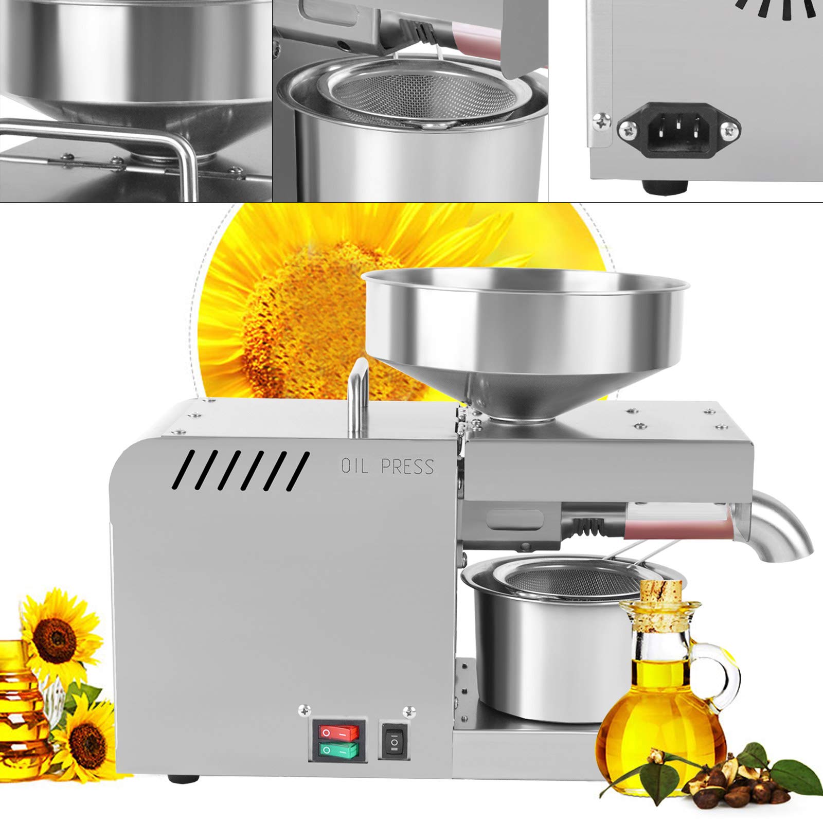 Stainless Steel Automatic Oil Press Machine 110V 600W - Electric Cold & Hot Oil Extractor for Peanut, Sunflower, Walnut, Olive, Flax Seeds - Perfect for Home Kitchen & Healthy Cooking