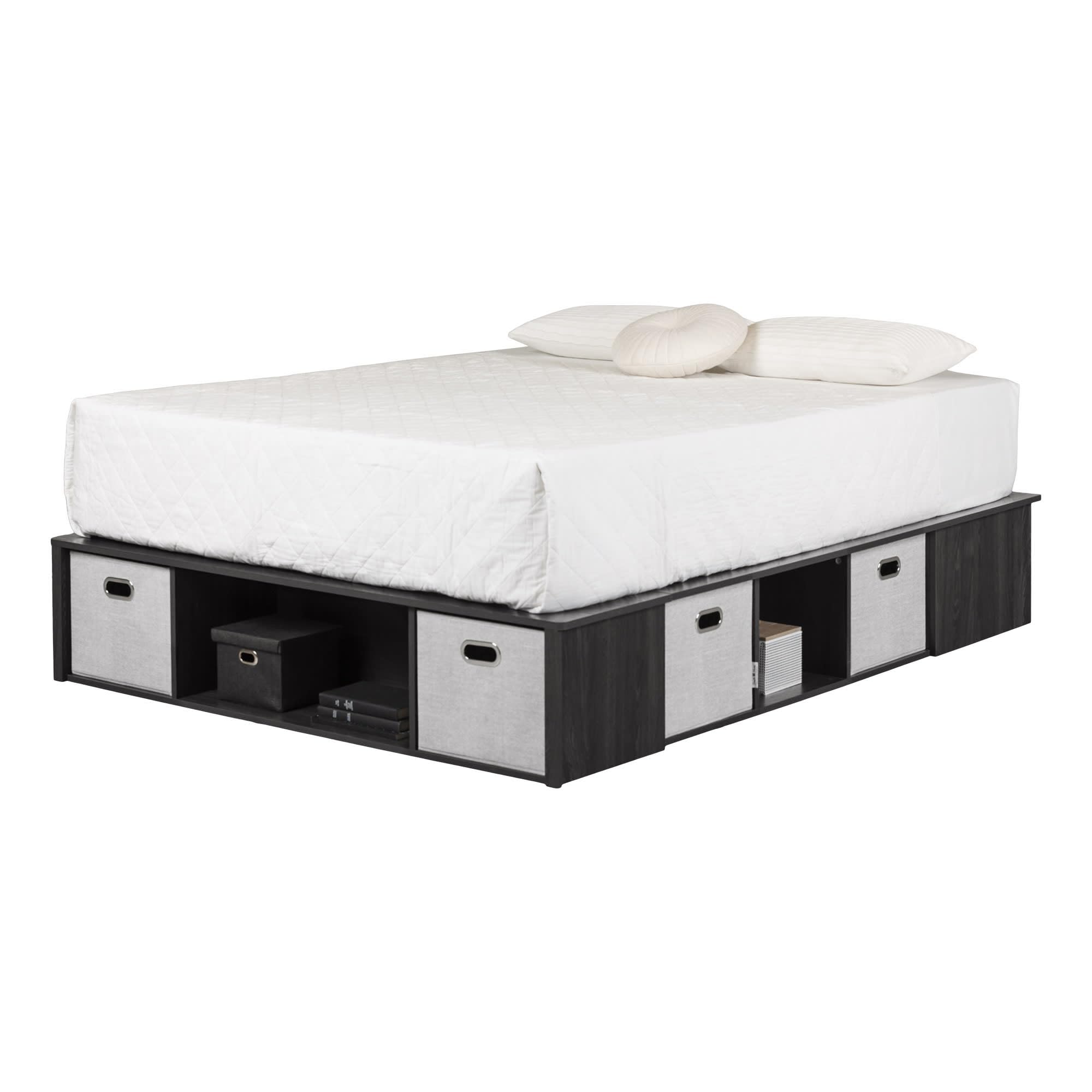 Gray Oak Queen Platform Bed with Storage Baskets for Small Spaces