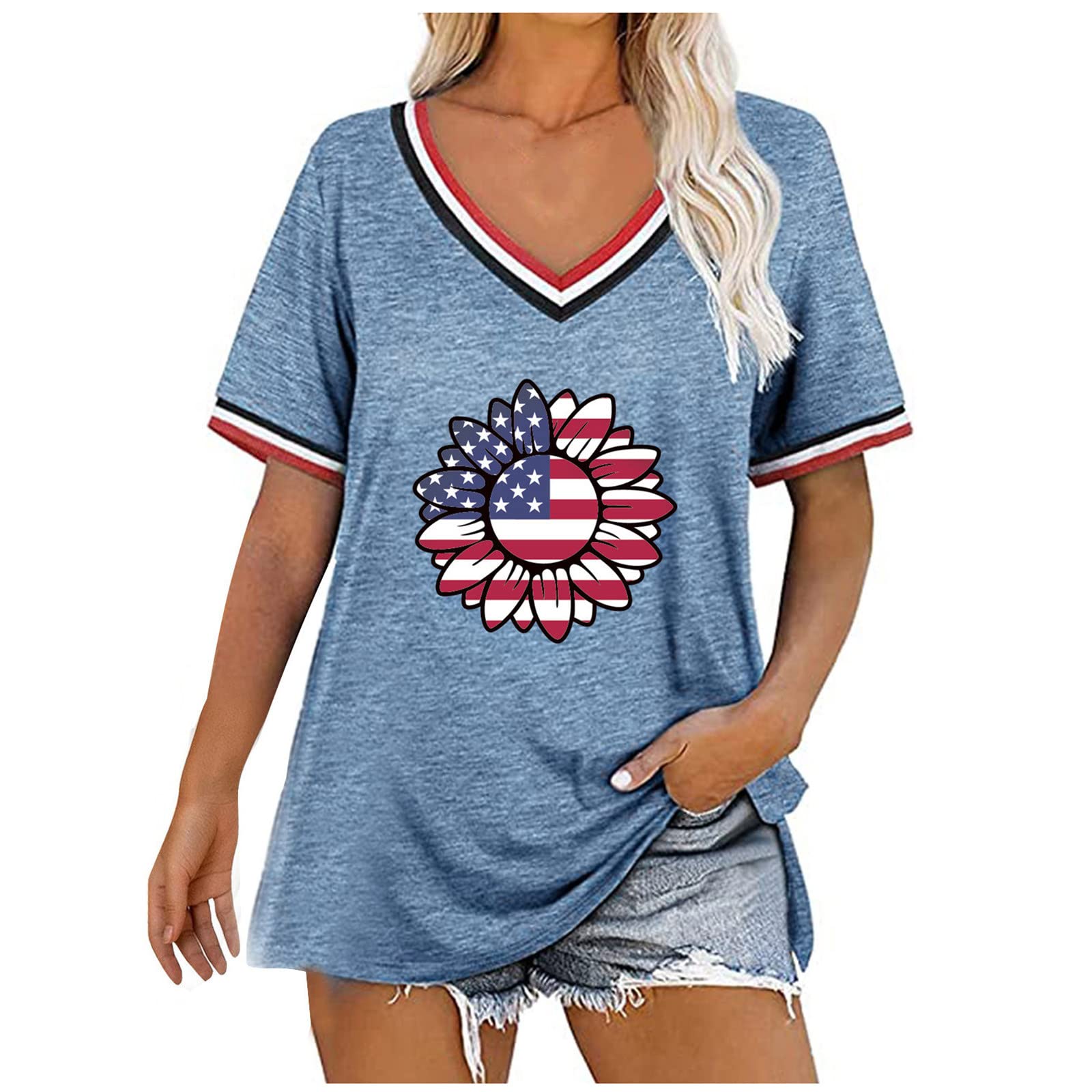 Women's Casual Loose Fit American Flag Print V-Neck Short Sleeve T-Shirt - Oversized Comfortable Tee for Everyday Wear, Patriotic Outfits & Summer Fashion