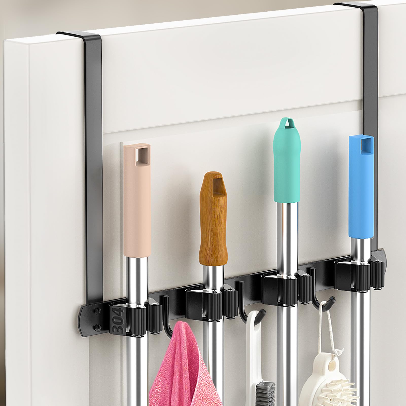 Stainless Steel Broom Holder - Over The Door or Wall Mounted Mop & Broom Hanger with Hooks - Heavy Duty 304 Steel Broom Storage Organizer for Garage, Closet, Laundry Room - Perfect for Cleaning Tools Organization